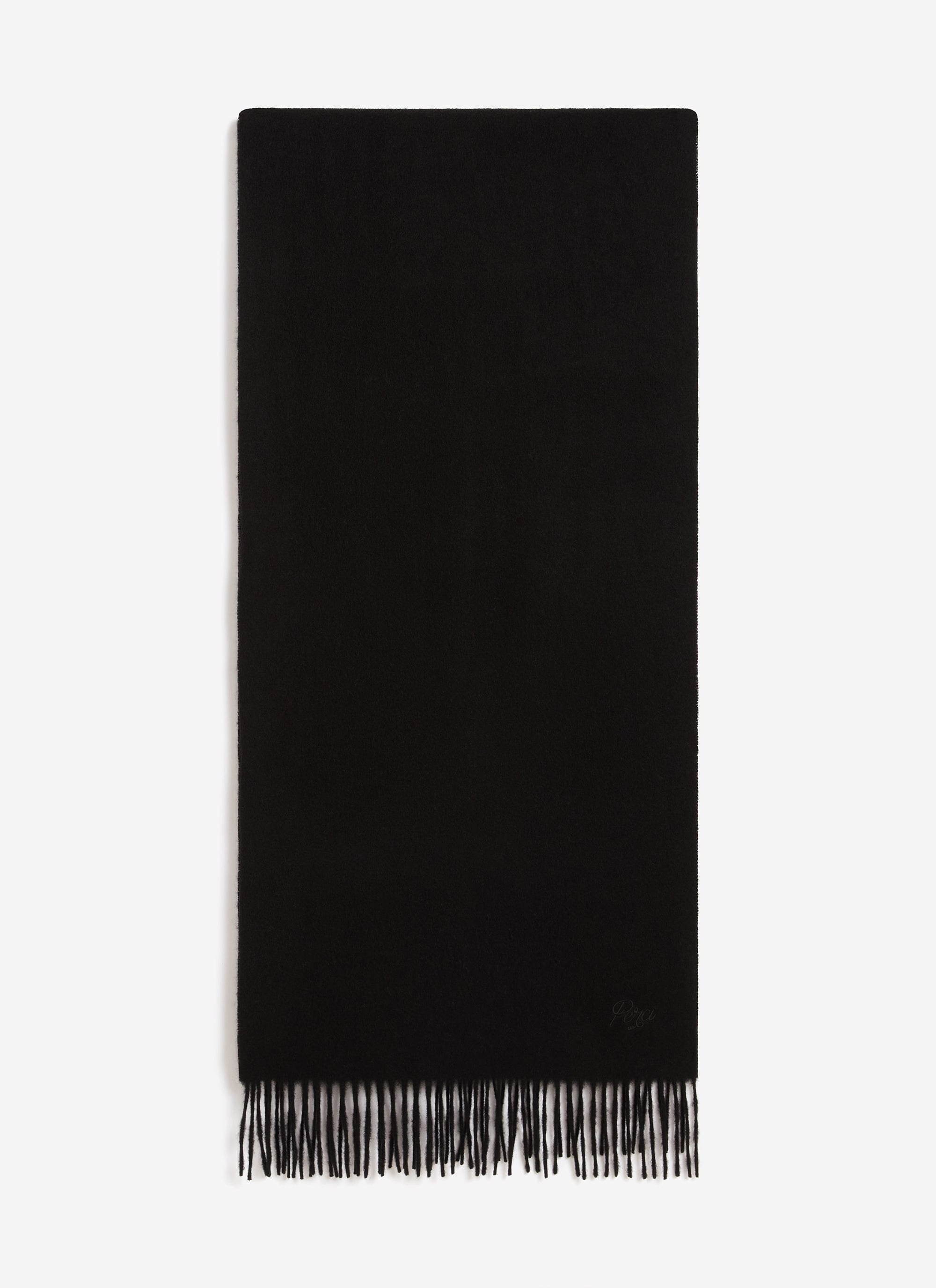 The Percival Tolkein Scarf in black wool, featuring fringed ends and tonal embroidery, laid flat against a white background.