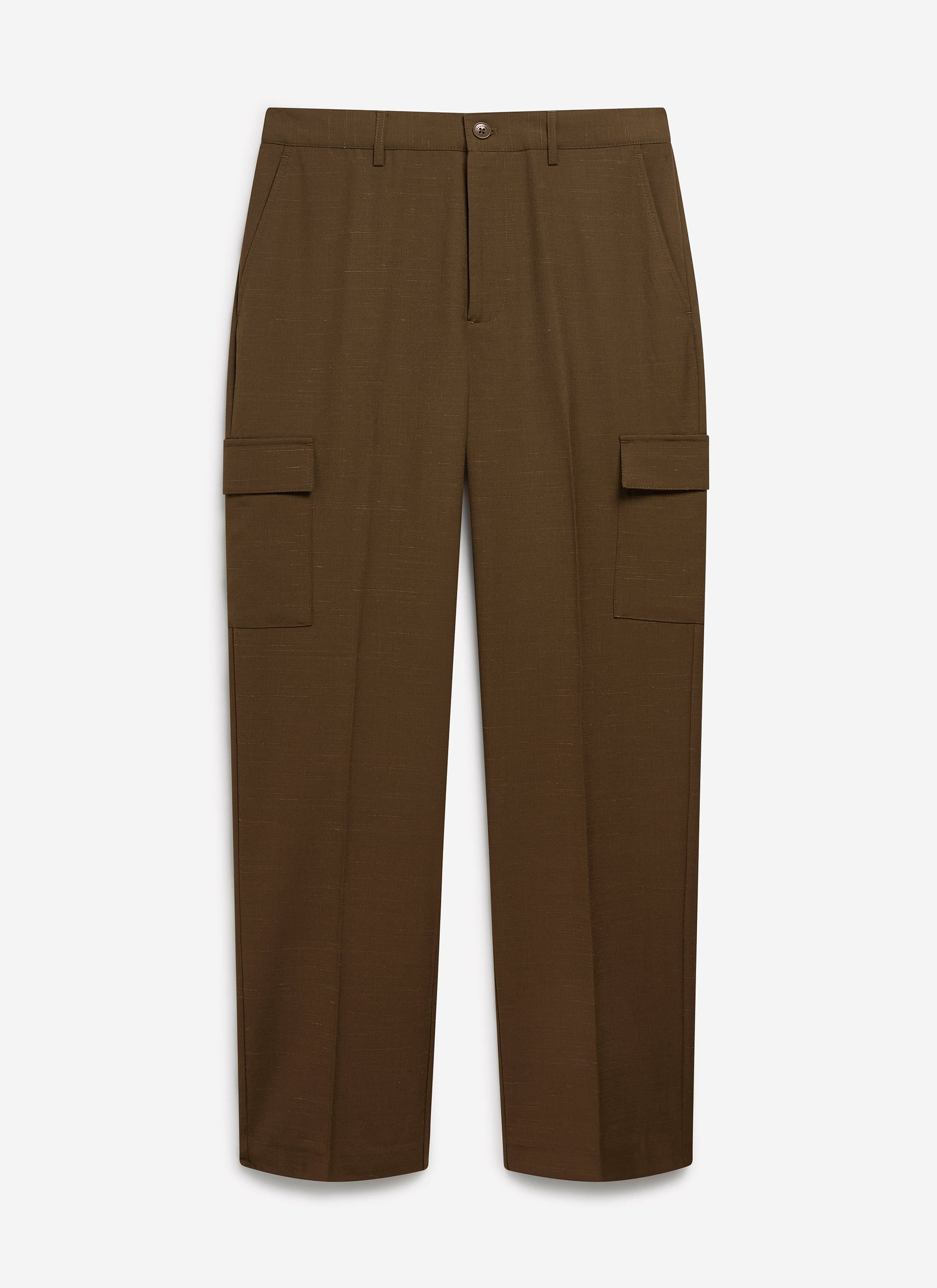 A studio shot of the Percival Trentino Tailored Patch Pocket Trouser in brown, laid flat to show the front view.