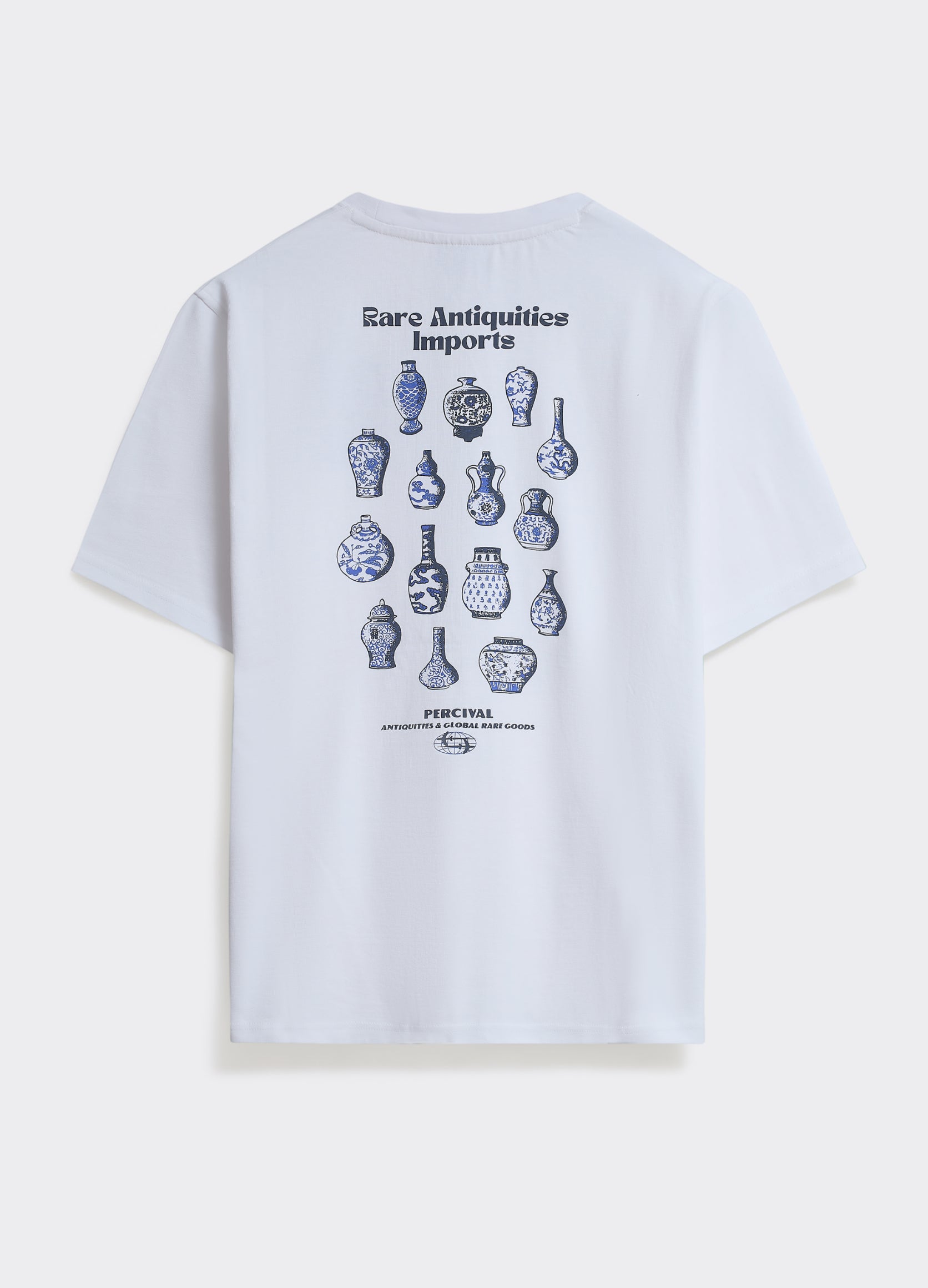The Percival Vase T-Shirt in optic white, featuring a blue ceramic back graphic and Rare Antiquities Imports branding.