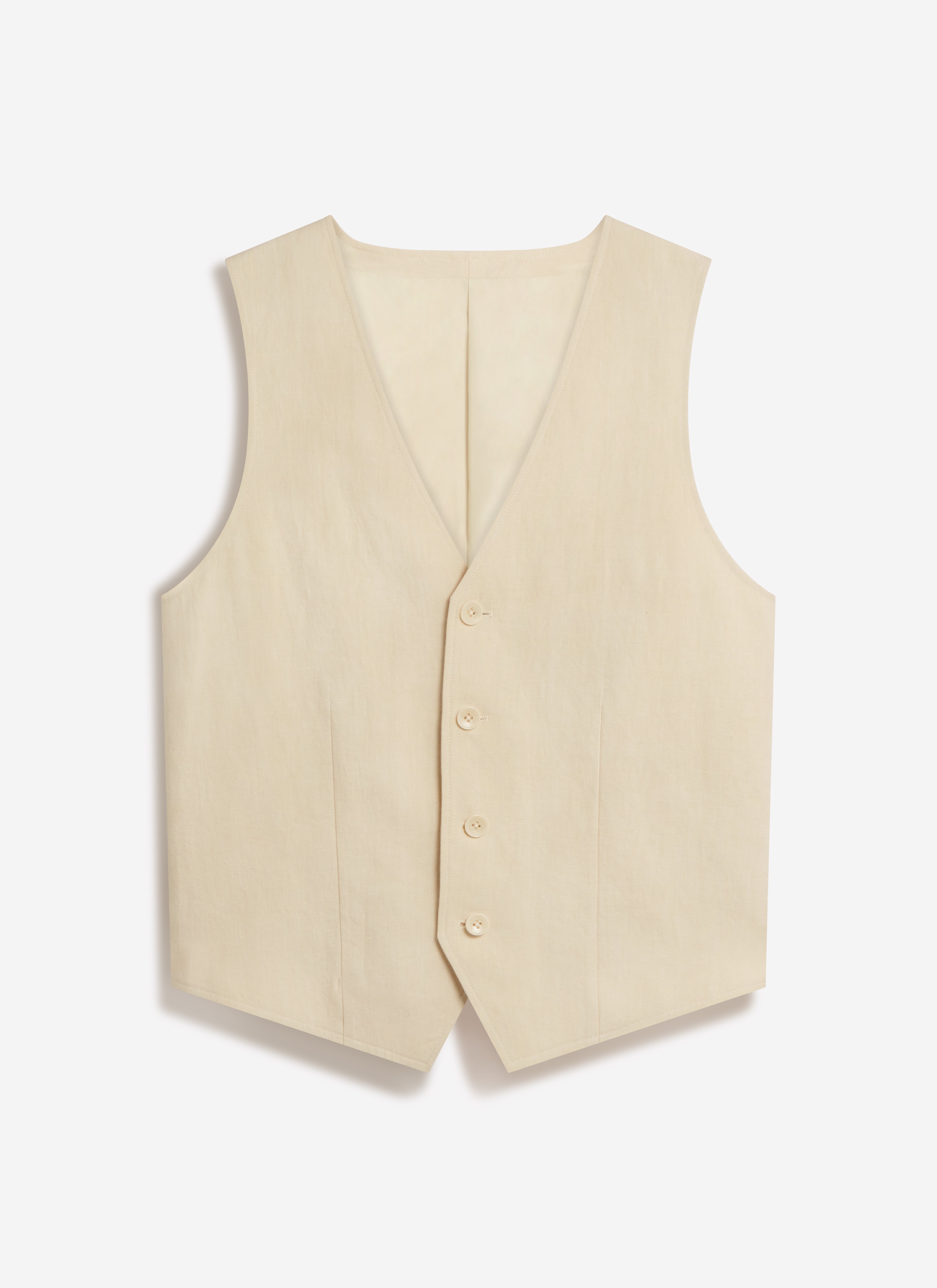 A flat lay of the Percival waistcoat in cream linen, showing the v-neckline and three-button front detailing.