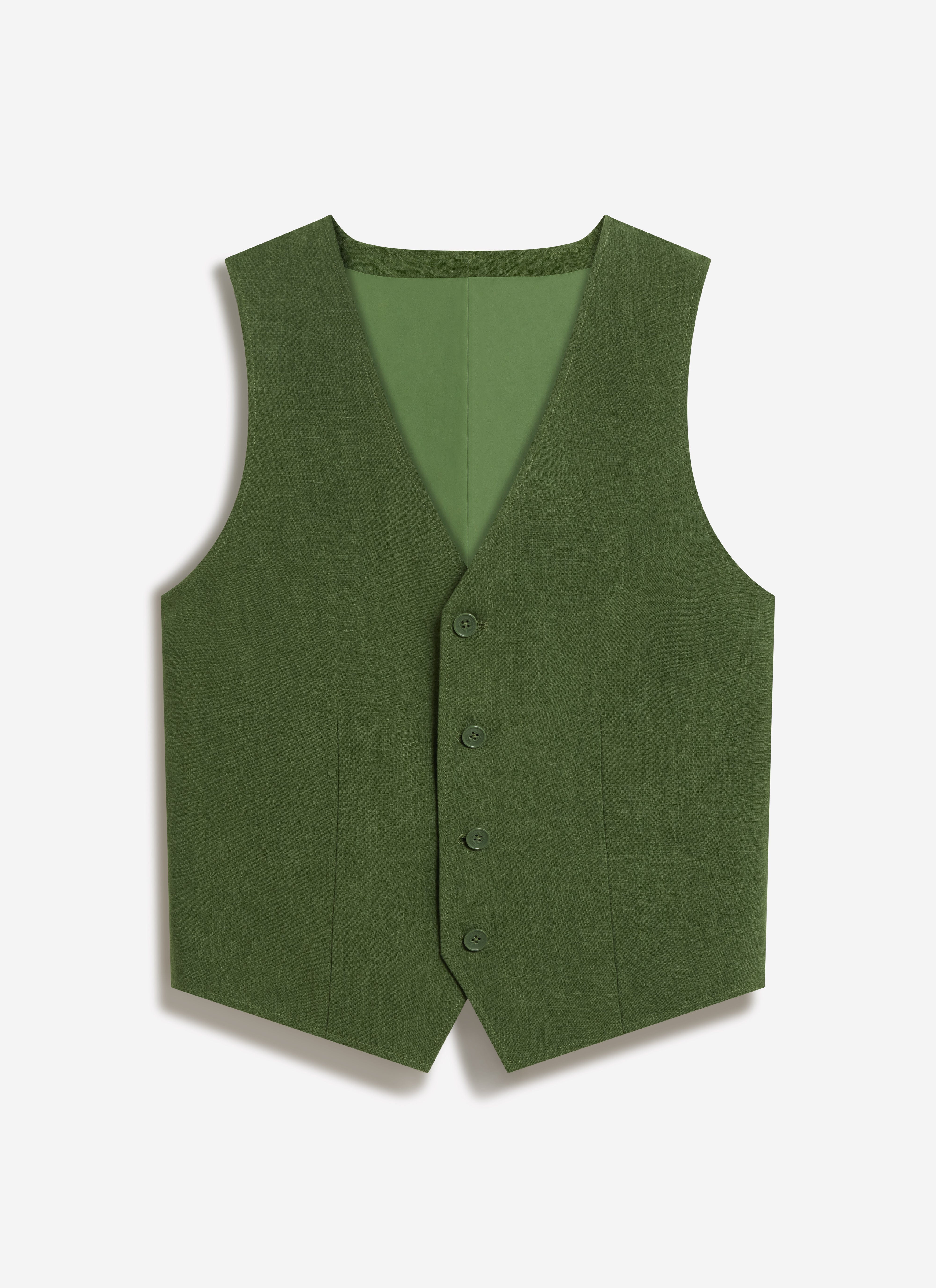 A flat lay photograph of the forest green Linen Waistcoat from Percival, featuring its buttoned front and clean silhouette.