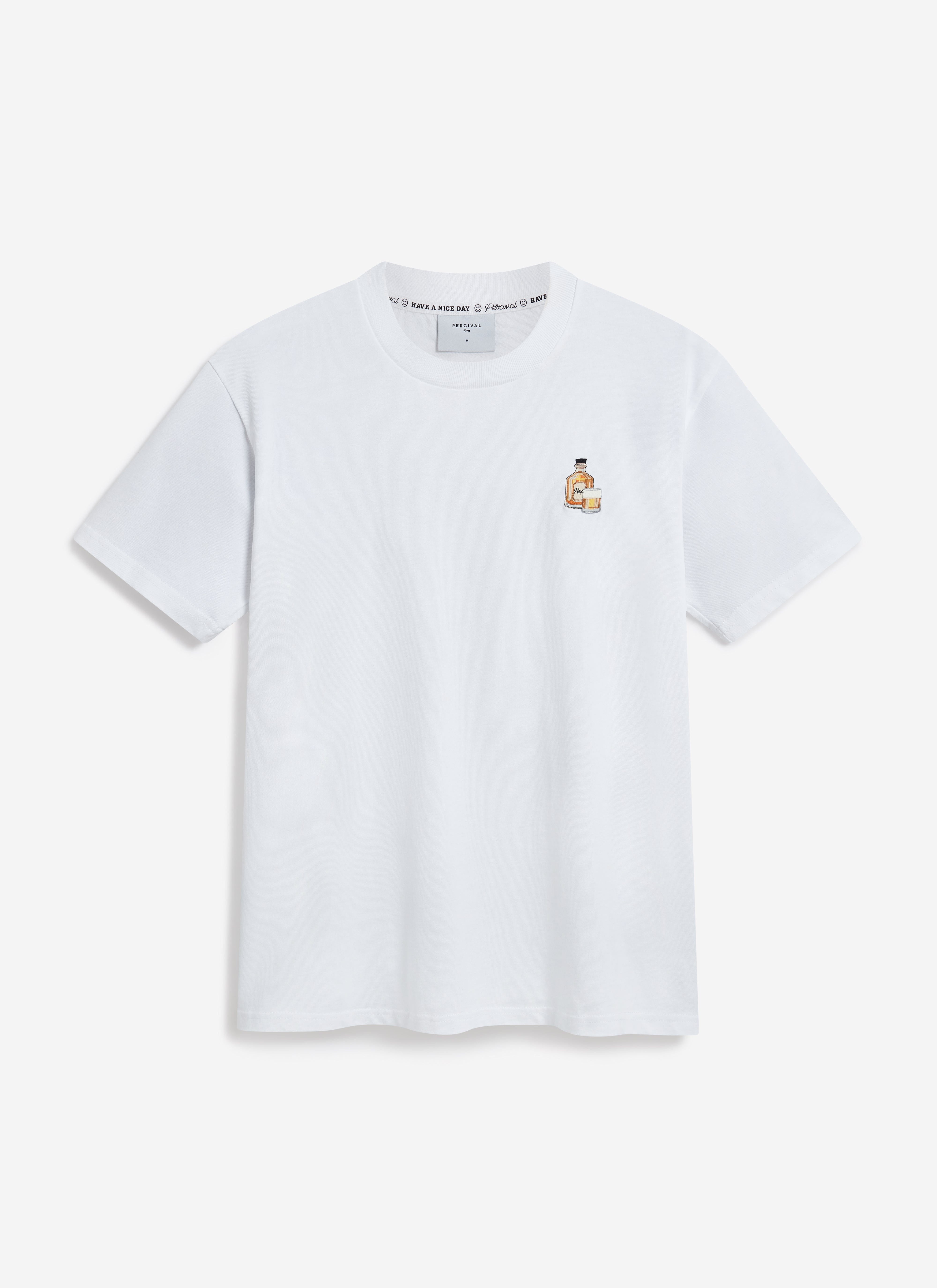 The Percival Old Fashioned T-shirt in white organic cotton, laid flat to showcase the detailed cocktail embroidery.