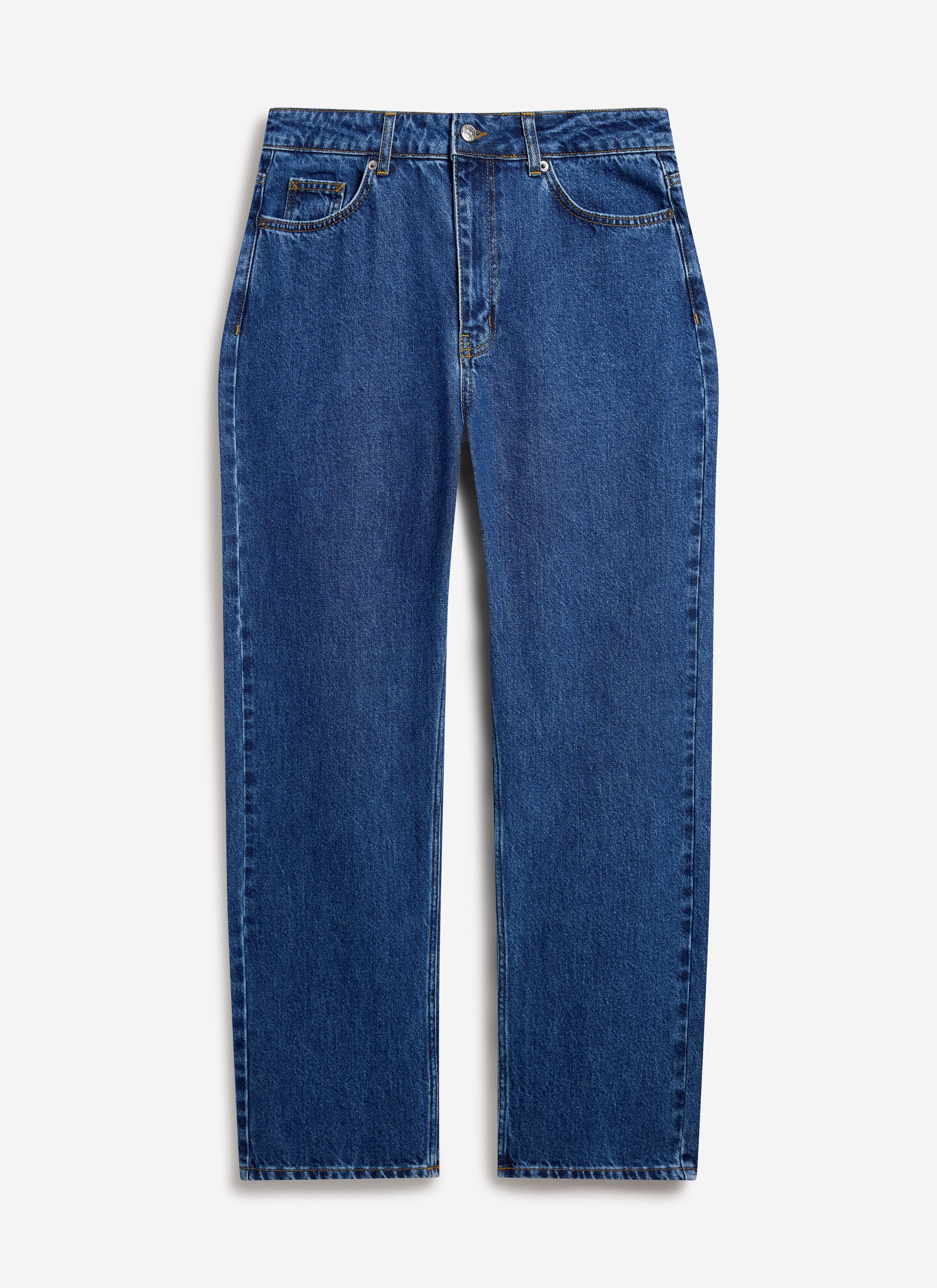 A front view of the Percival Wide Leg Denim Jeans in Mid Wash Blue, laid flat against a white background.
