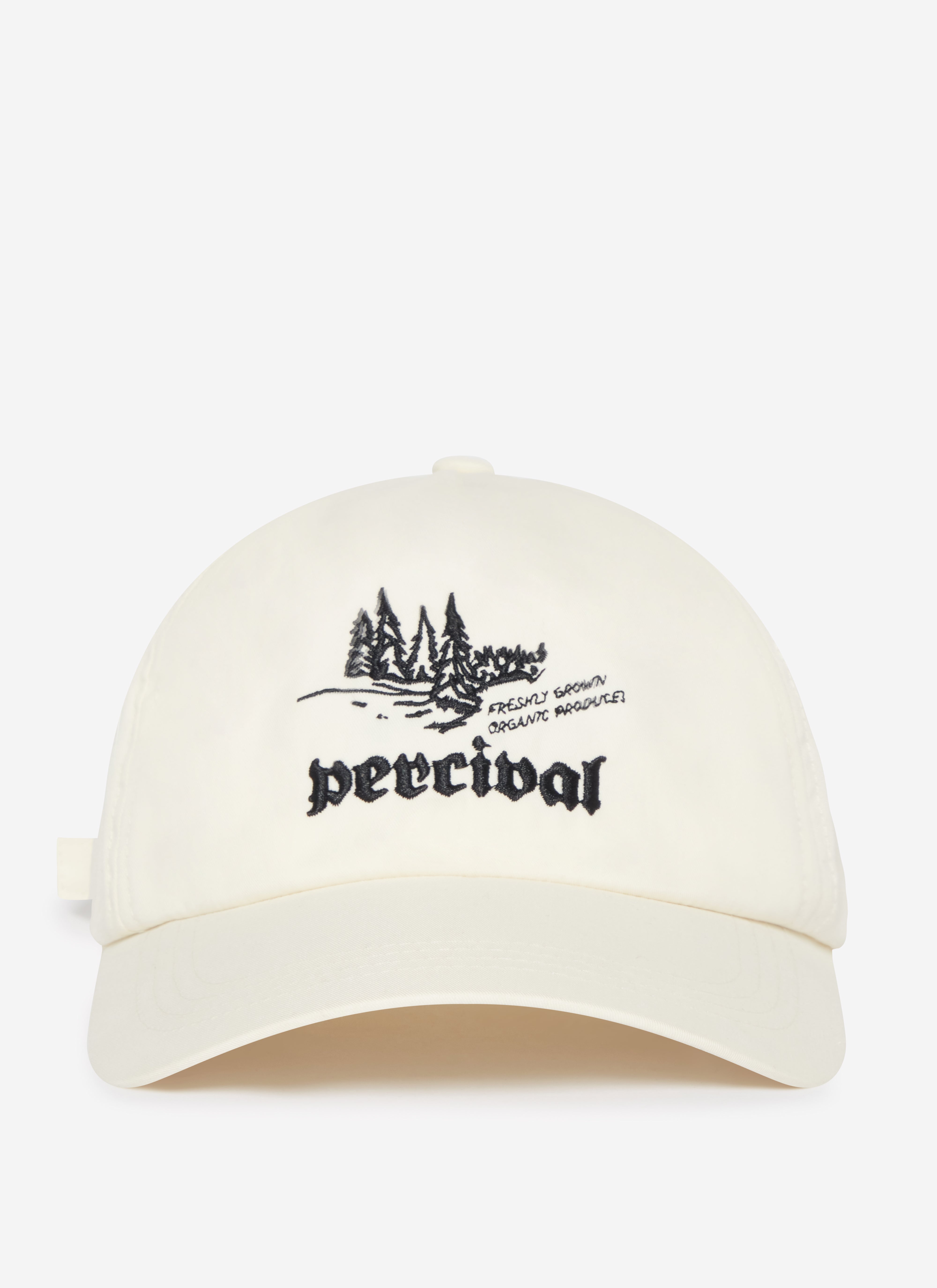 A studio shot of the ecru Wildlands Soft Trucker Cap by Percival, featuring the black embroidered forest graphic.