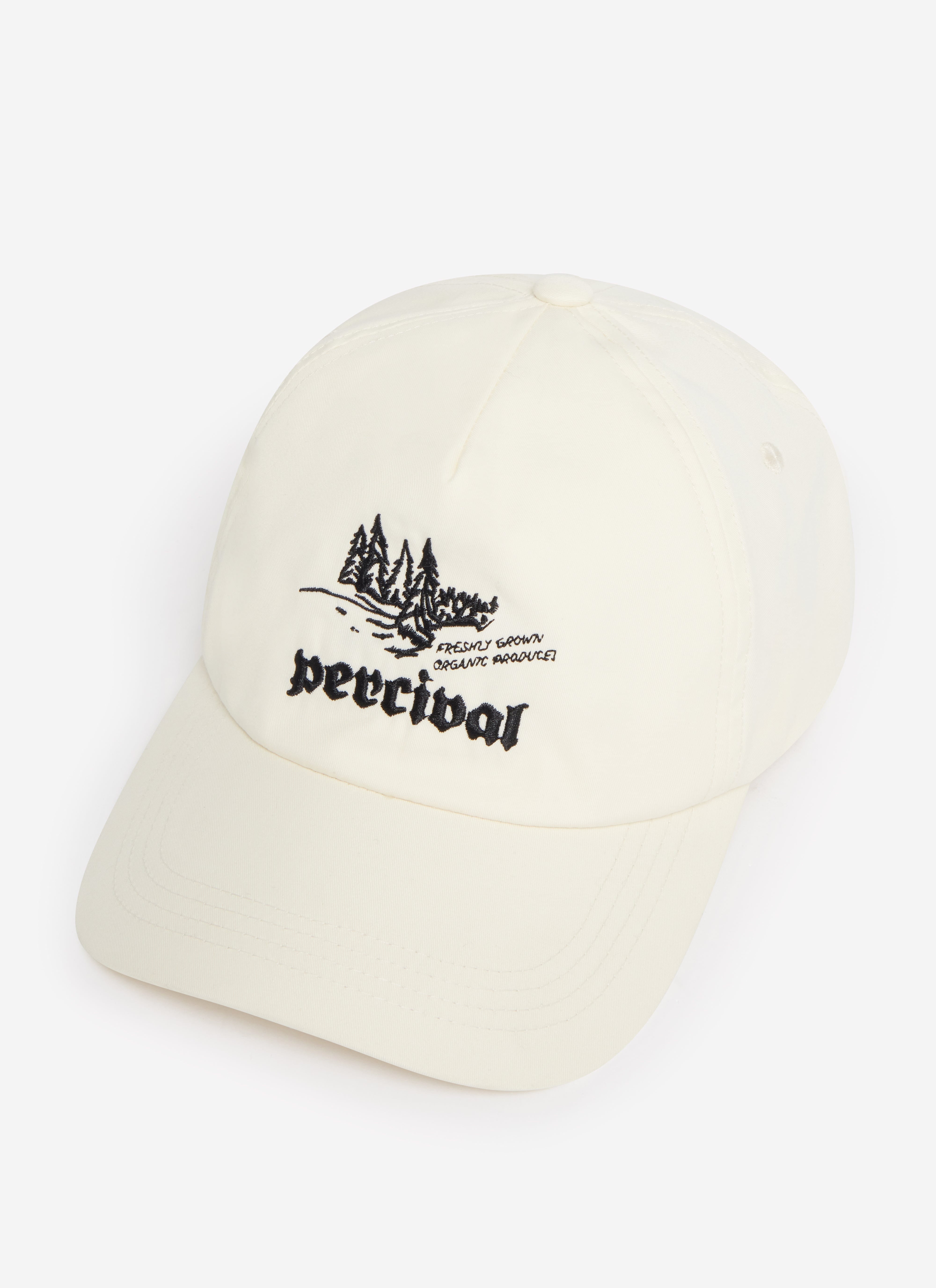 A close-up of the Percival Wildlands Soft Trucker Cap in ecru, showing the black hand-illustrated embroidery.