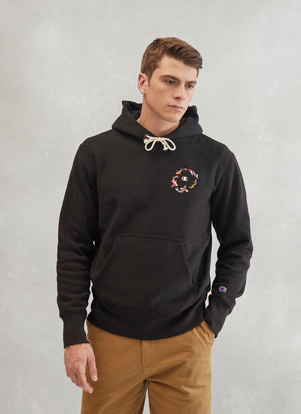 Men s Black Embroidered Champion Hoodie Koi Carp Percival