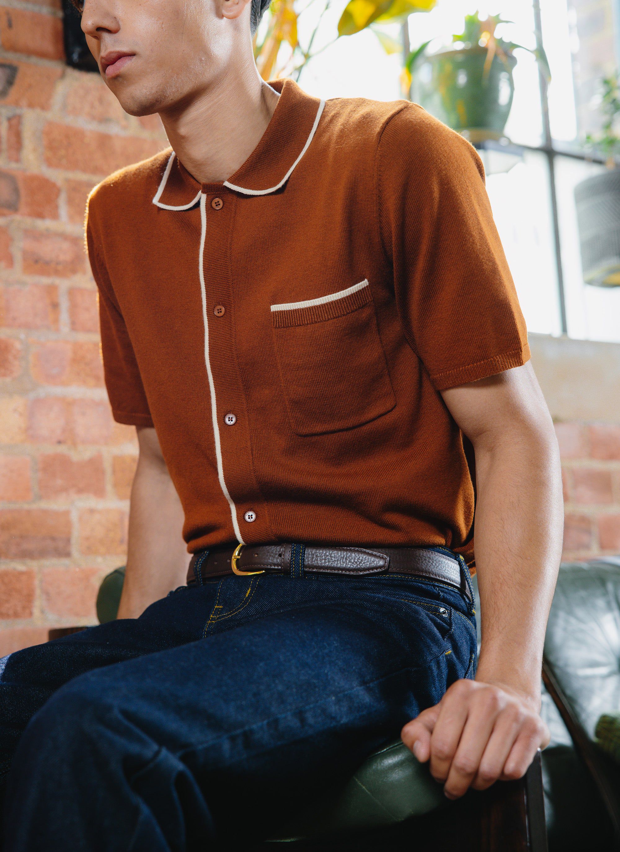 Men's Knitted Shirt: Contrast Trim | Wool | Rust Red | Percival