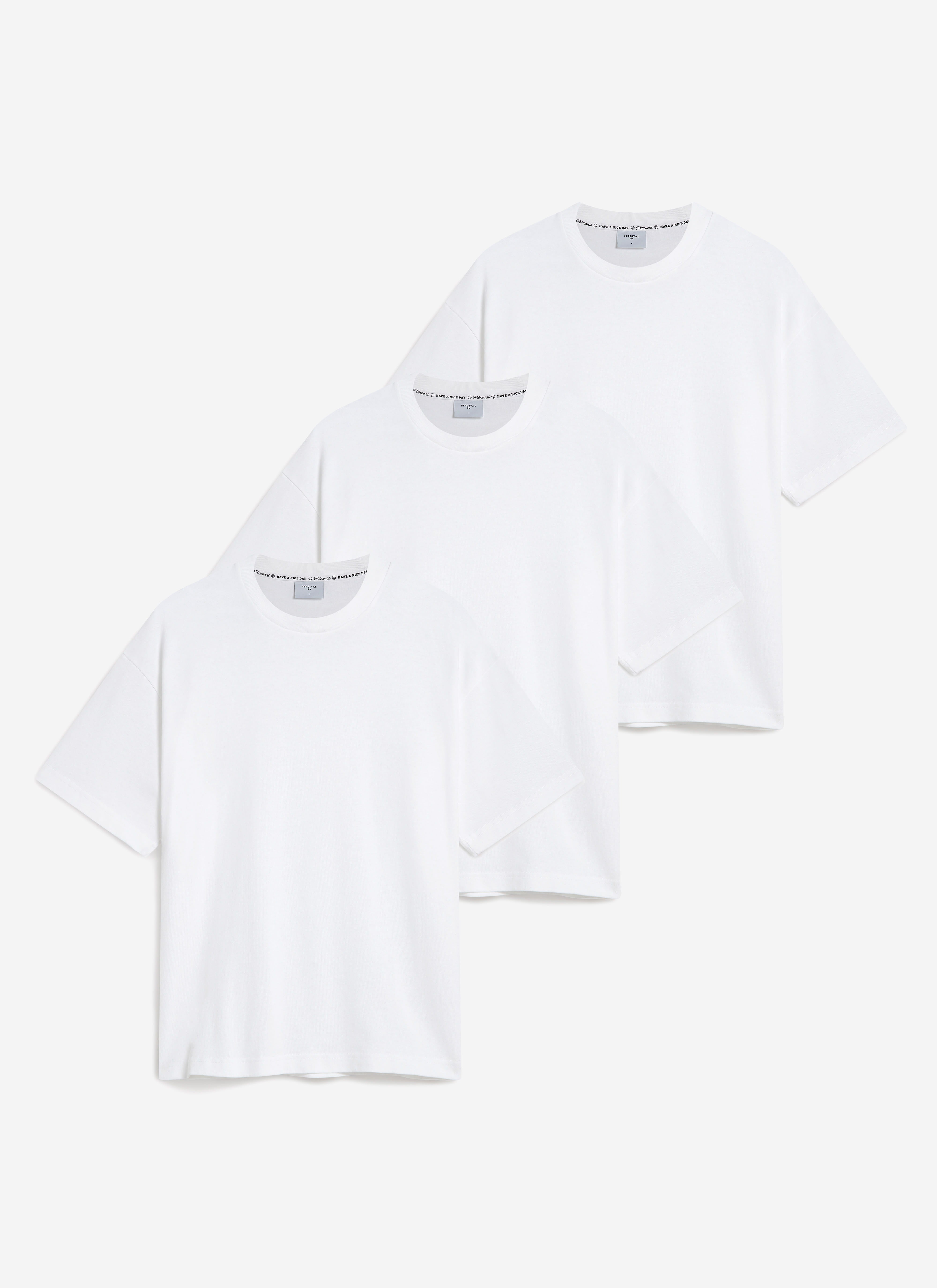 A 3 pack of Percival white oversized t-shirts in organic cotton, featuring a boxy fit and ribbed crew neck.