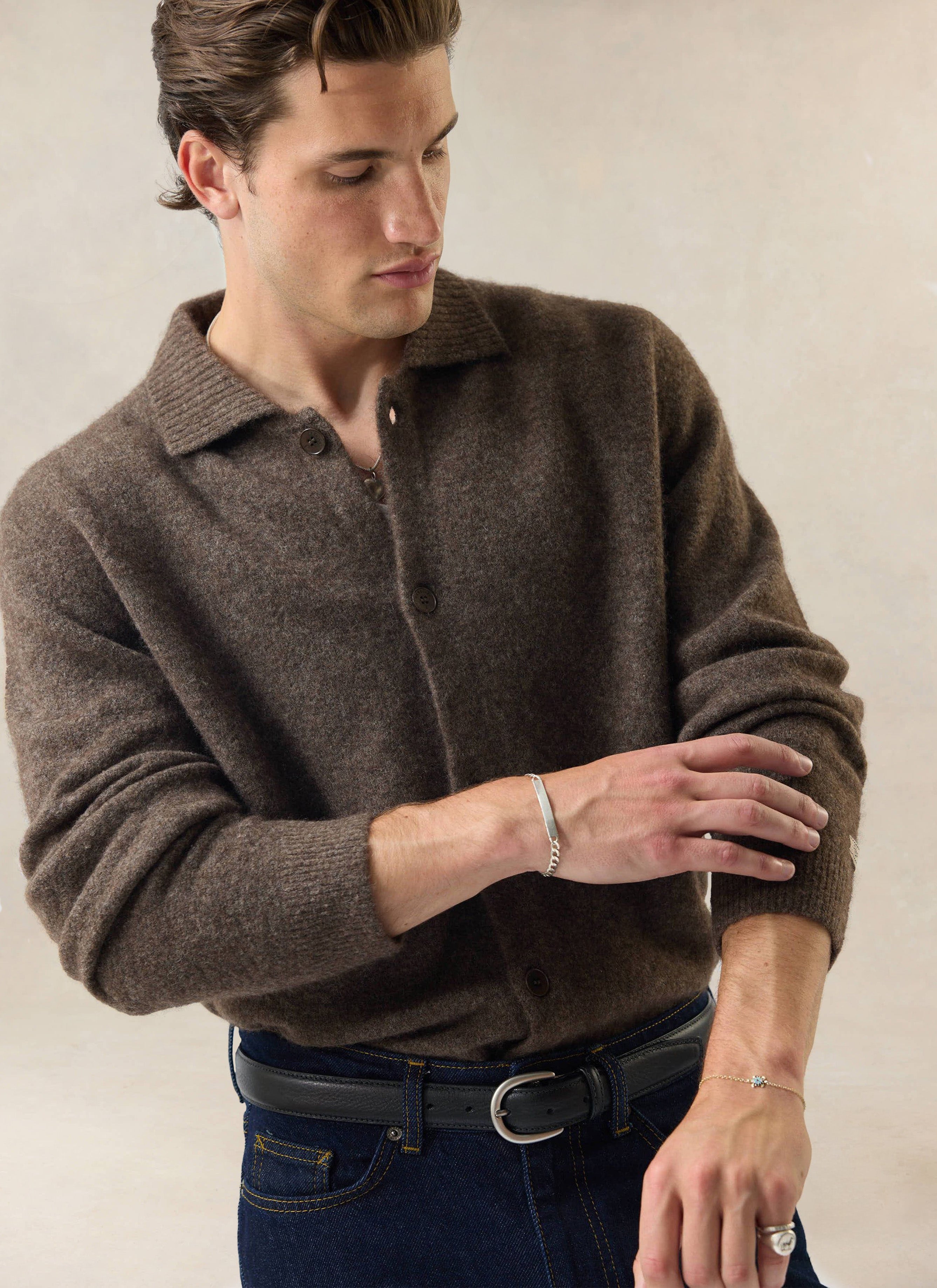 Neil Barrett cardigan アーカイブ archive Men's Collared Knit Cardigan | Yak Wool Blend | Brown | Percival