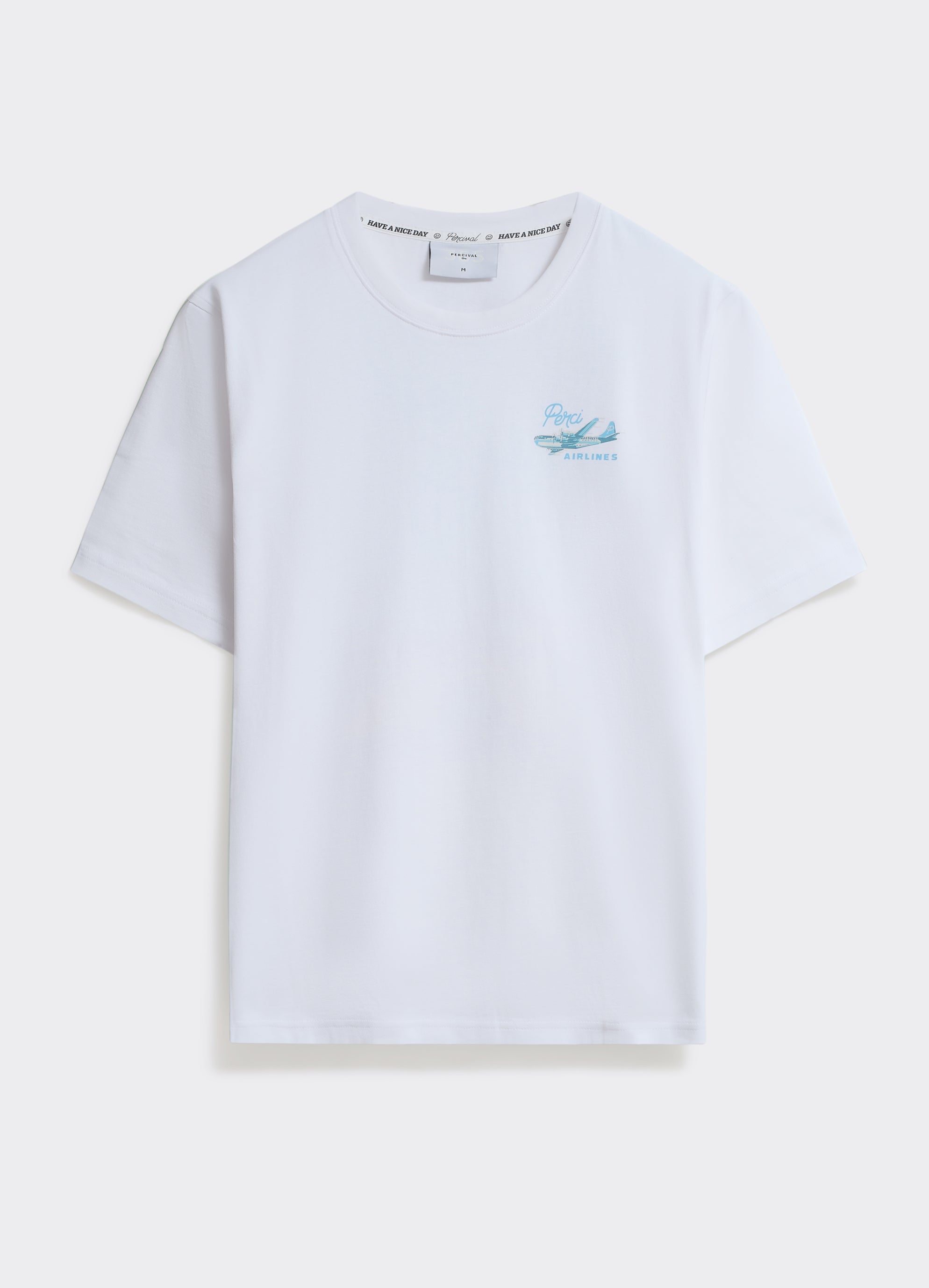 The Percival Aero T-Shirt in optic white cotton jersey with a blue chest graphic, shown against a plain background.