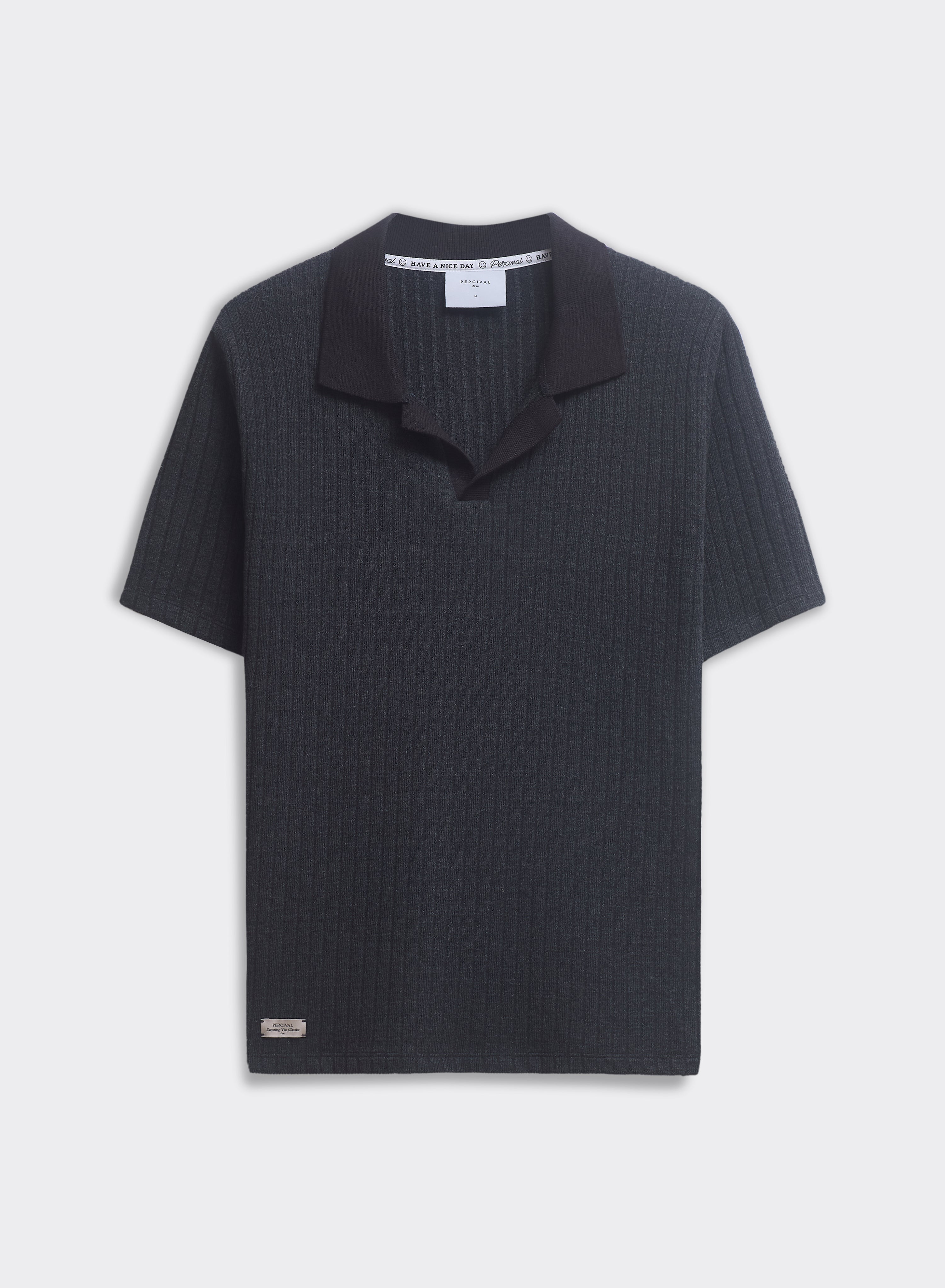 The black Percival Anthony Ribbed Polo, a knitted cotton-blend shirt with an open collar, shown flat on a plain background.