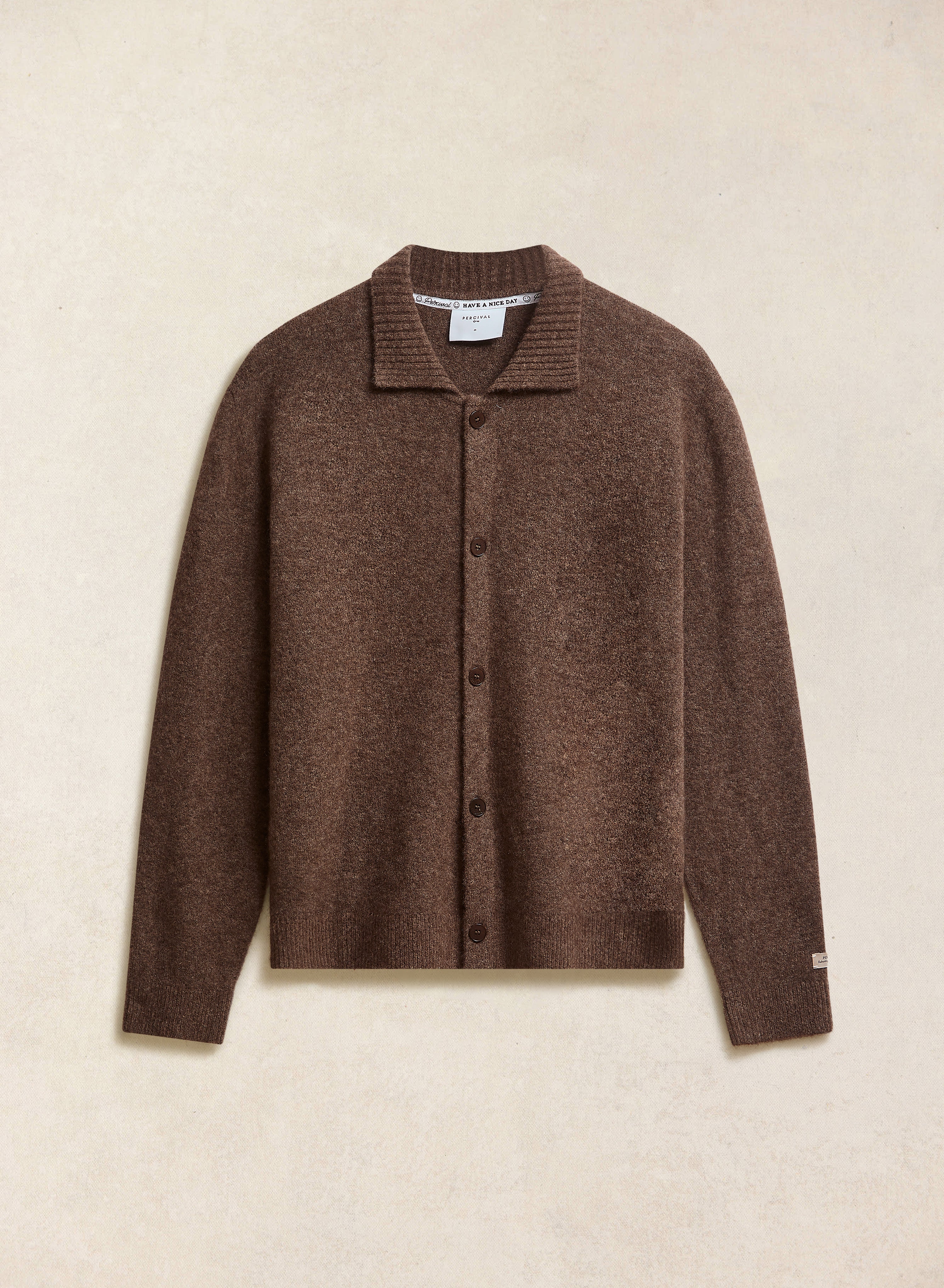 The Percival Archive Knit Collared Cardigan in brown yak wool, shown flat against a neutral studio background.