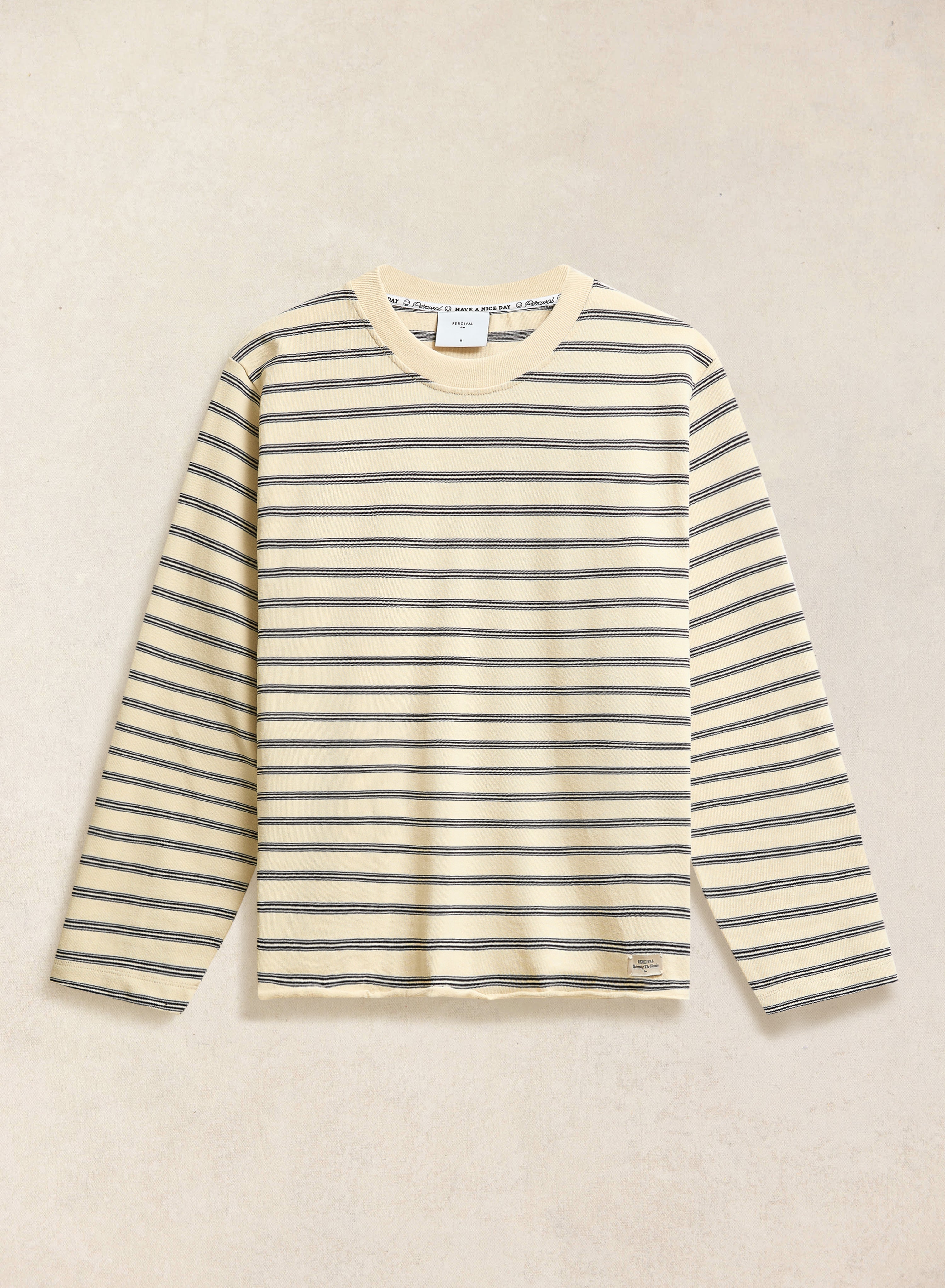 The Arlo raw hem long sleeve Breton T-shirt in white stripe from Percival, crafted from organic cotton.