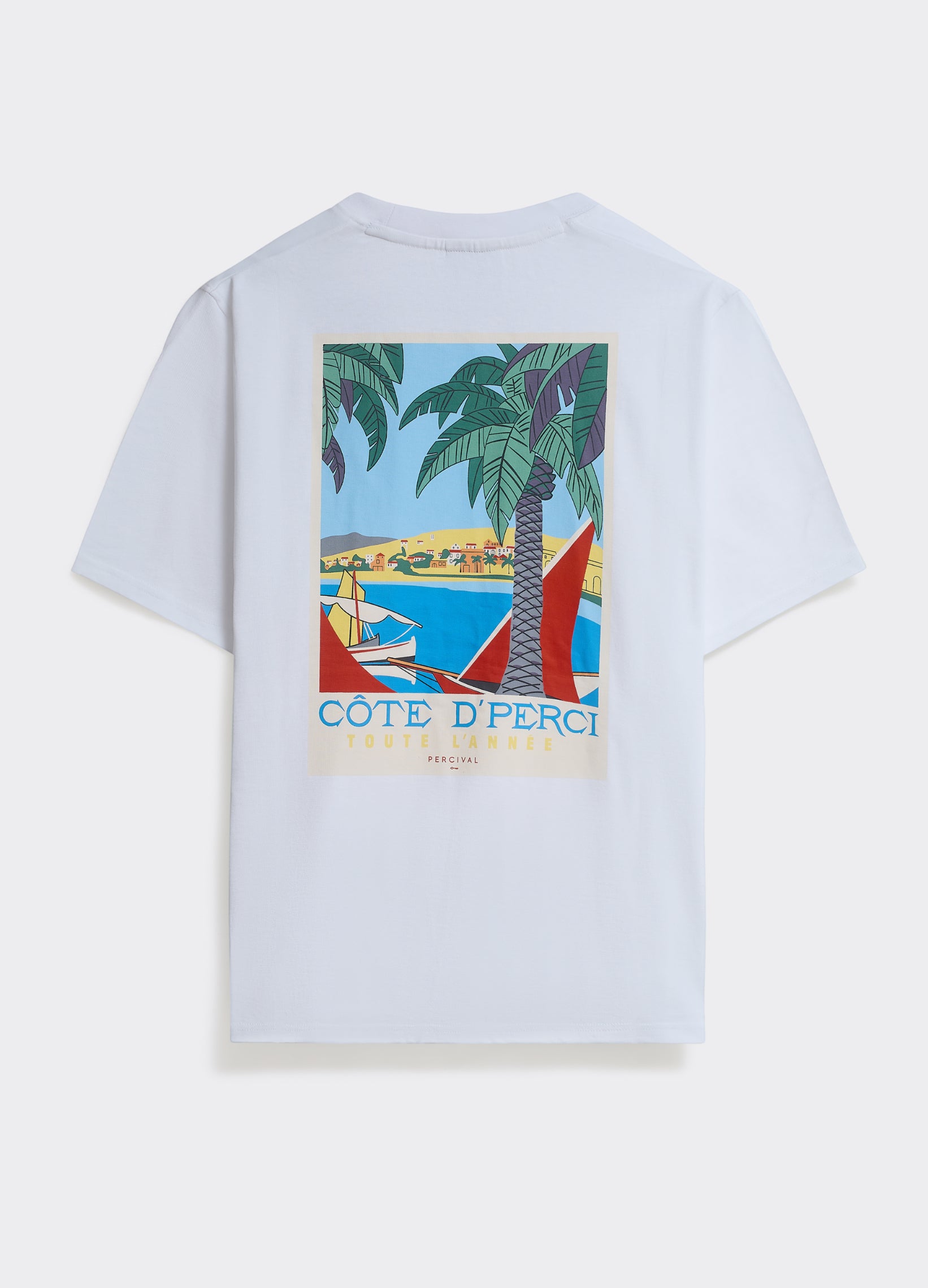 The white Percival Azur T-shirt in cotton jersey, featuring a colourful Côte d’Perci Riviera graphic on the back.