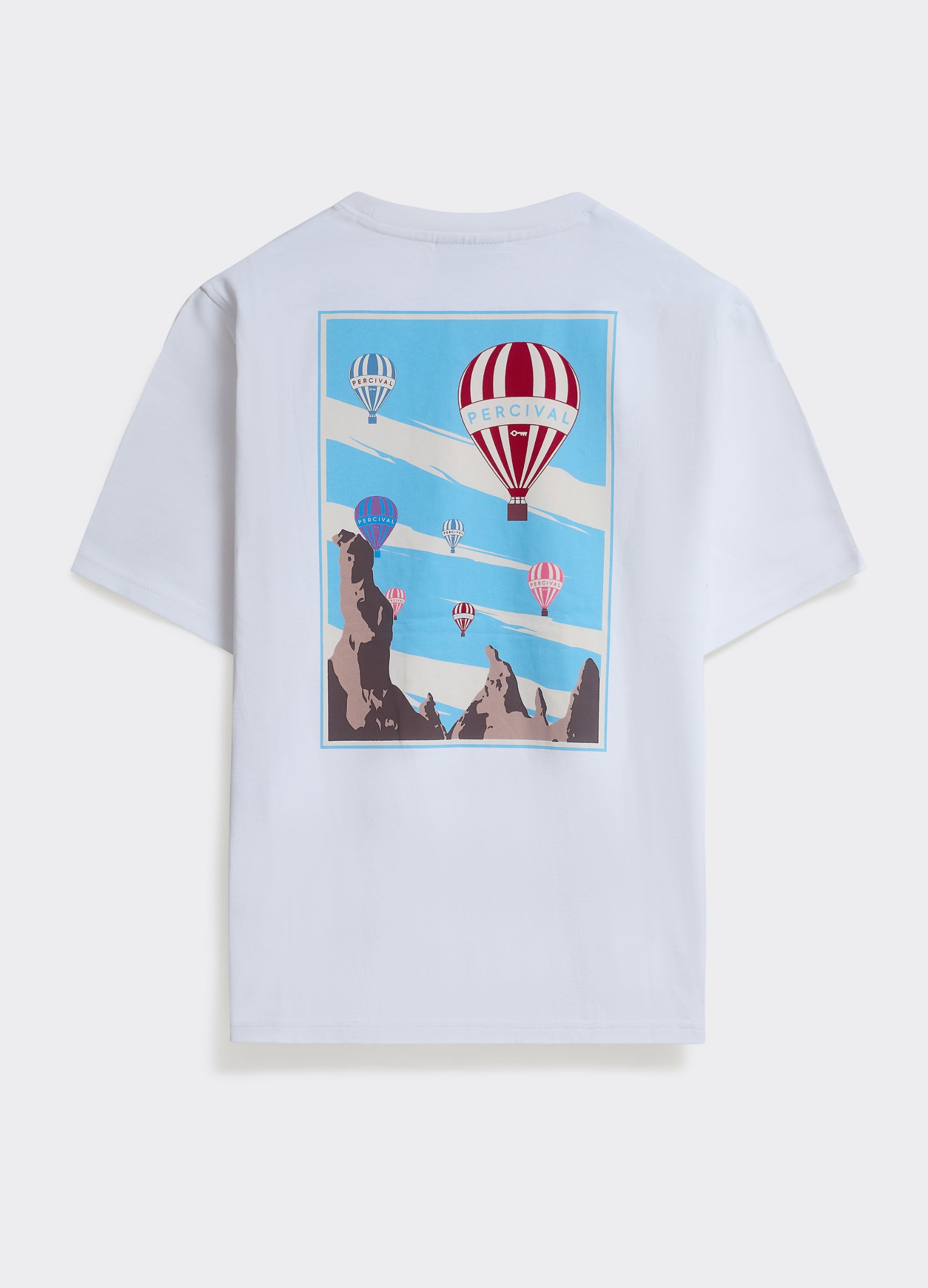 The back of the Percival Balloon T-shirt in optic white jersey, featuring a large hot air balloon graphic over mountains.