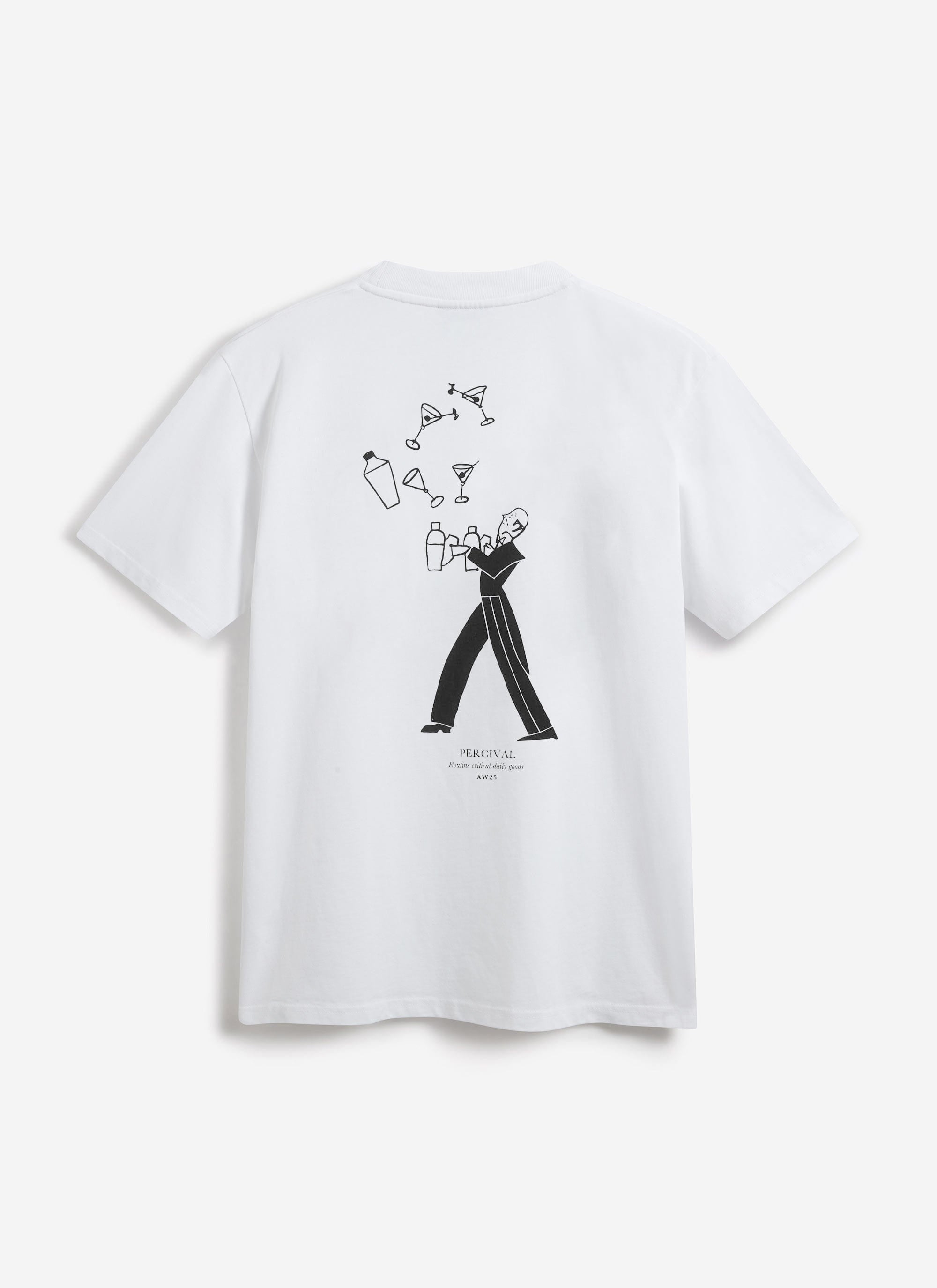 The back of the Percival Bartender oversized t-shirt in white, featuring a black illustration of a juggling bartender.
