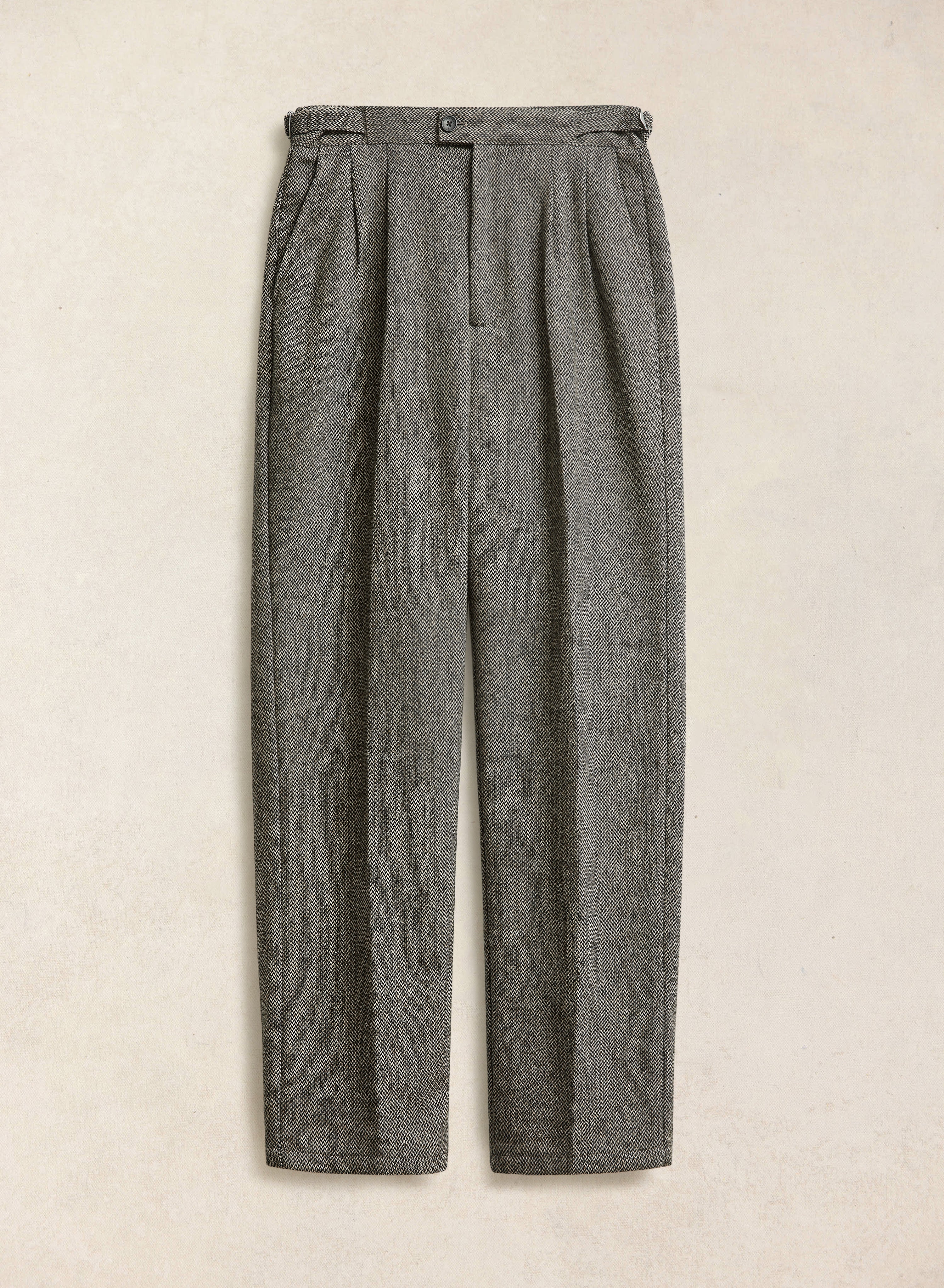 Percival grey birdseye wool Blake double pleated tailored trousers, featuring side adjusters and a straight leg.