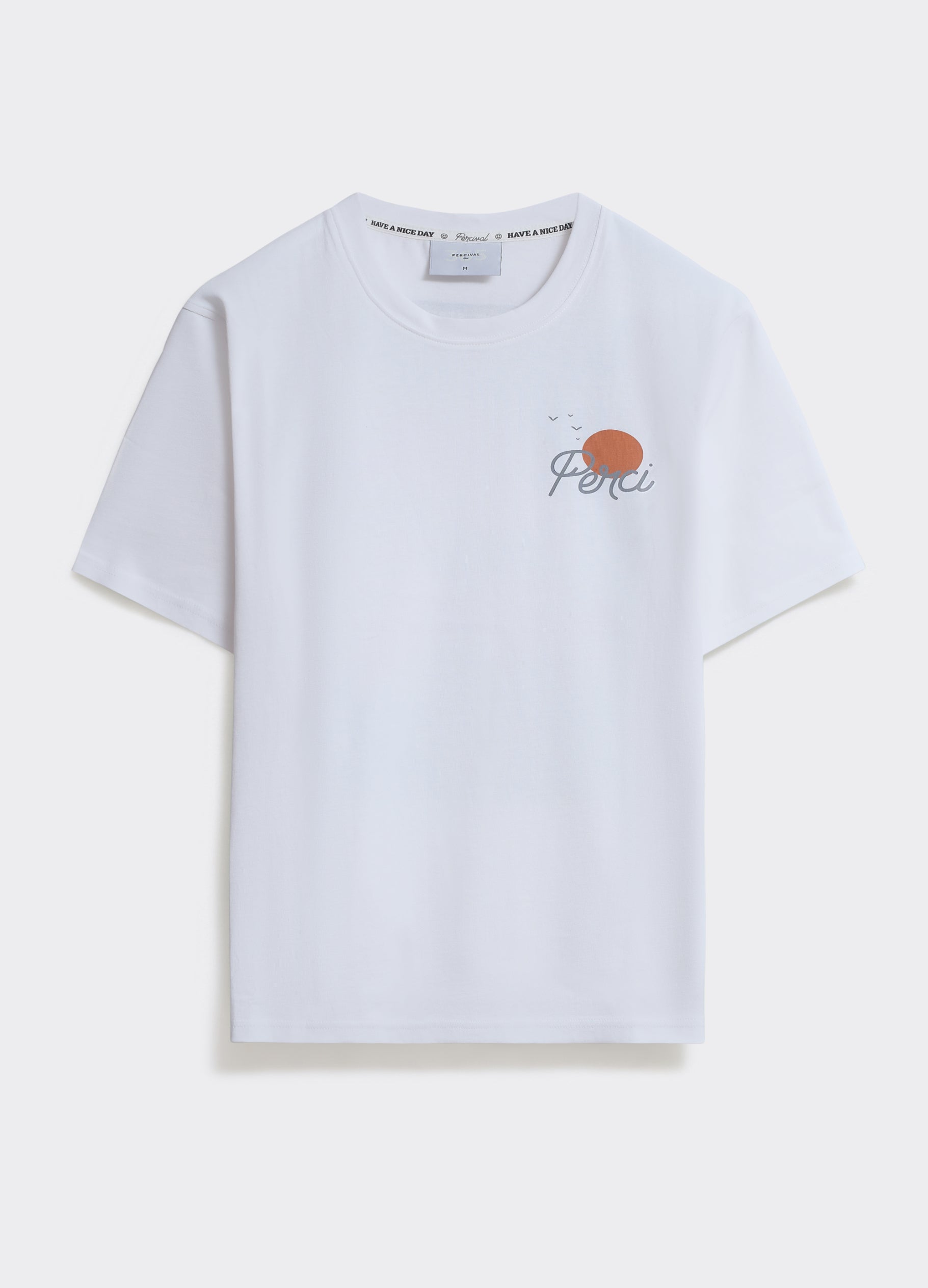 Percival Camping T Shirt in optic white soft jersey with a vintage sunrise chest print, shown against a plain background.