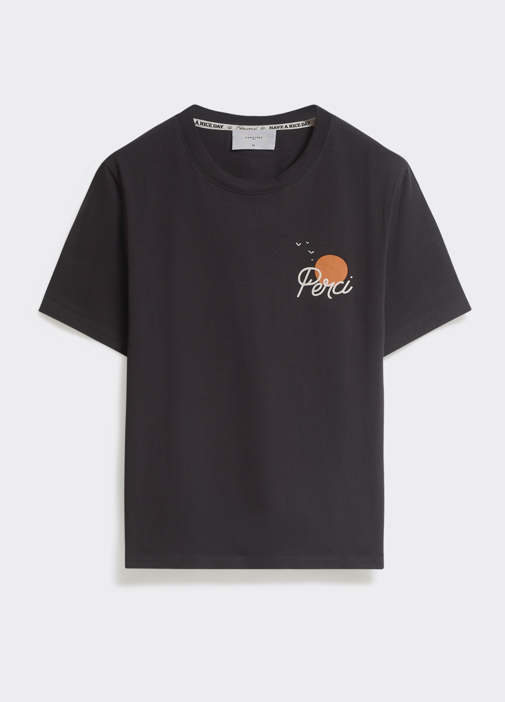 The Percival Camping T Shirt in washed black jersey, featuring a sunset Perci chest graphic, shown as a flat lay.