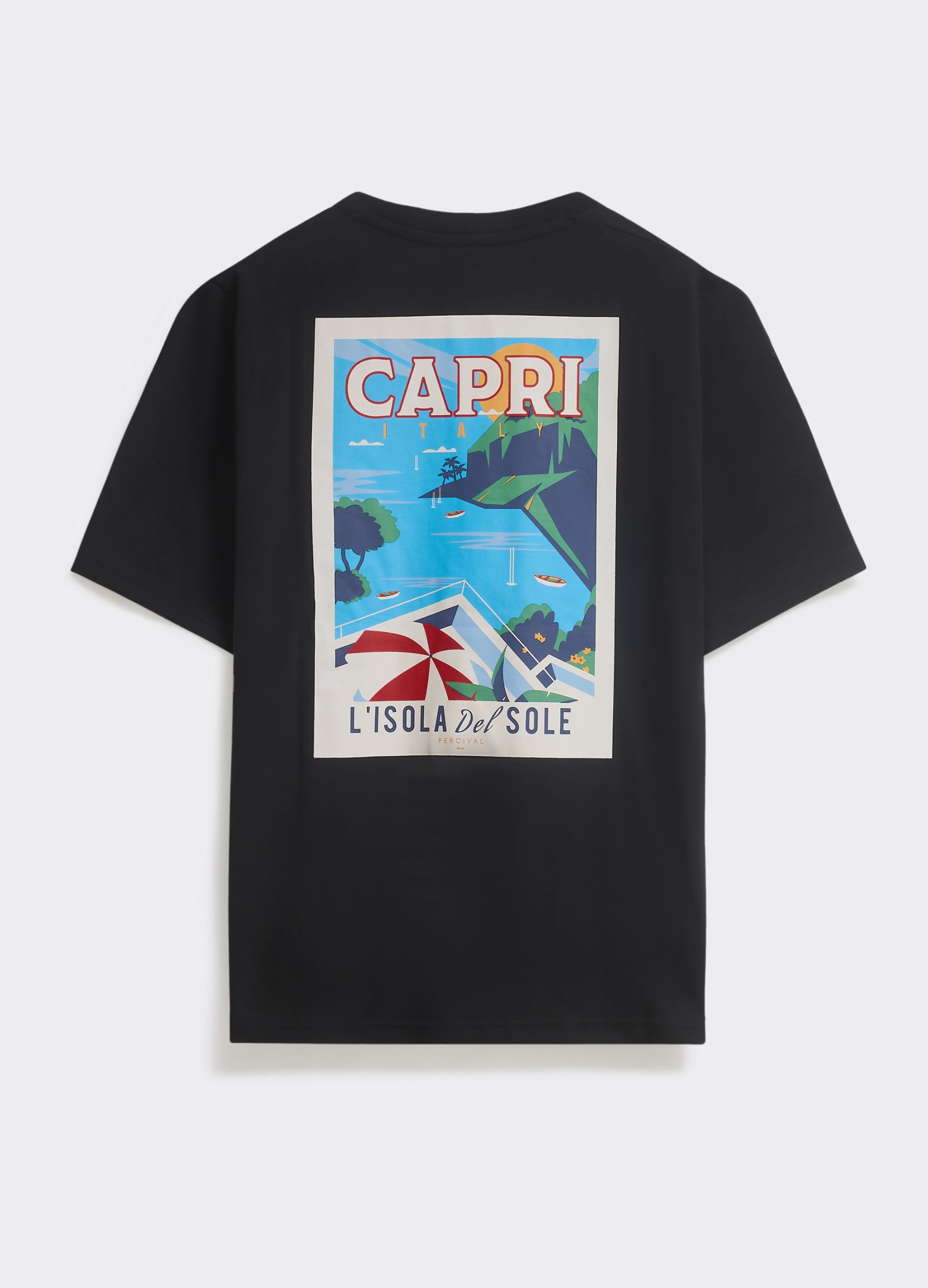 The black Percival Capri T-shirt features a bold souvenir-style back graphic of Italy, crafted from soft midweight jersey.