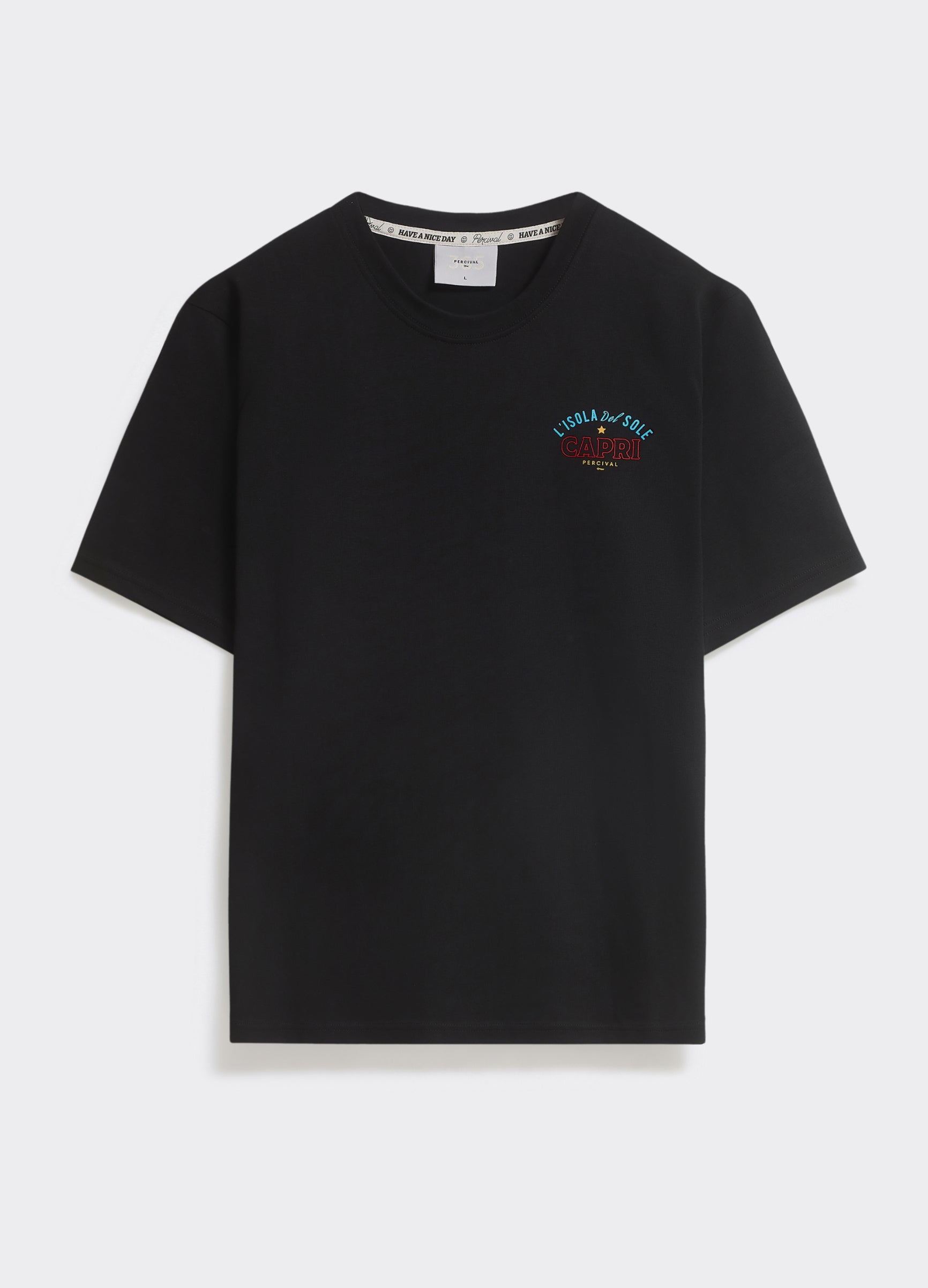 The Percival Capri T-shirt in black, featuring a souvenir-style chest graphic on soft midweight jersey, shown flat.