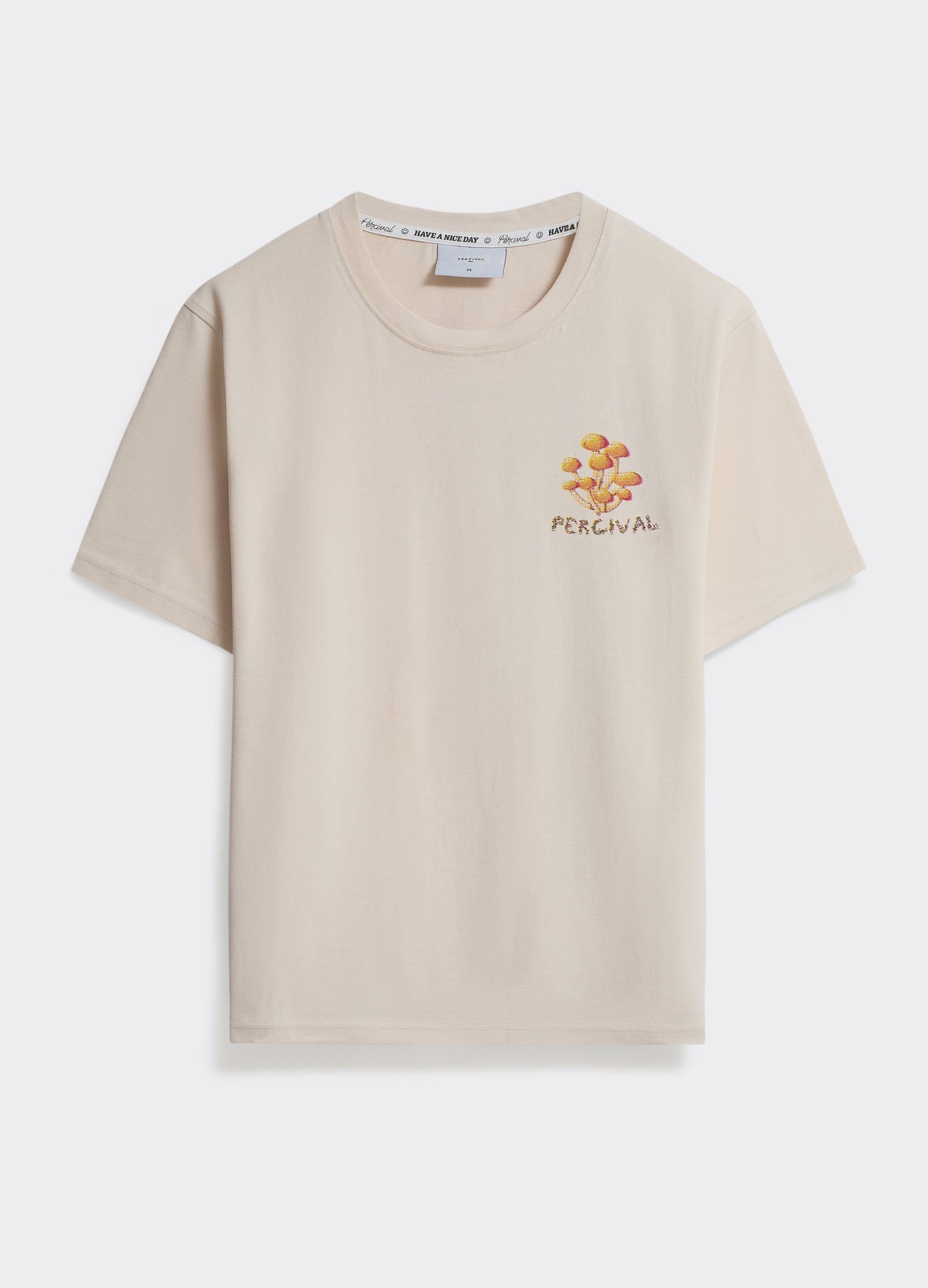 Cream Percival Champignons T-shirt with a small mushroom graphic on the chest, shown flat against a plain background.