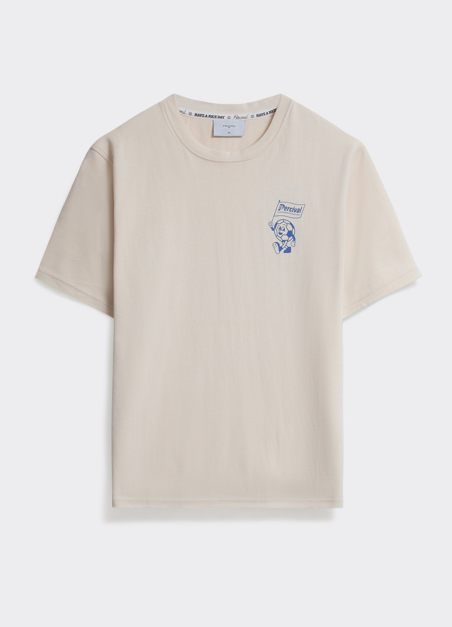 The Percival Champs T-Shirt in cream, a soft cotton jersey crew neck with a blue football mascot chest print, shown flat.