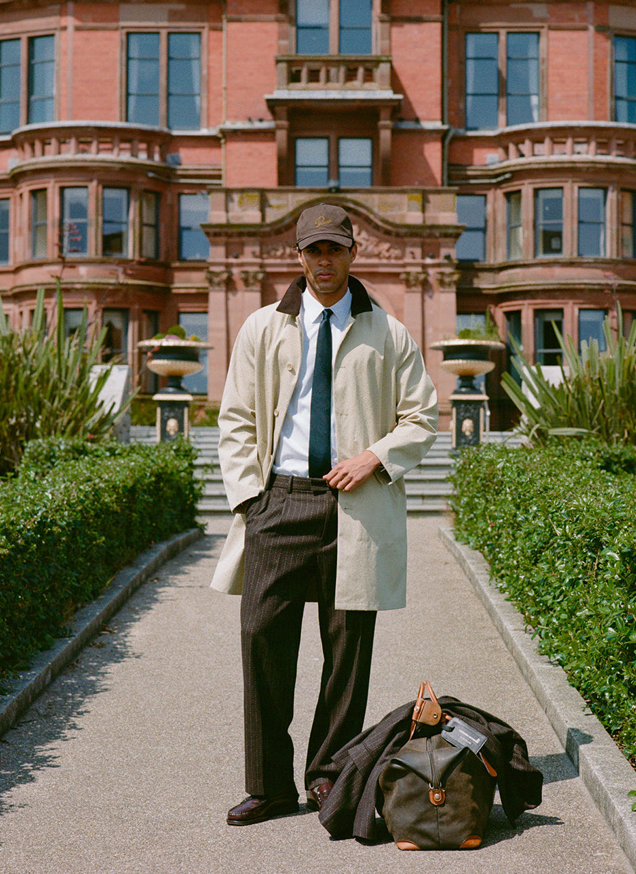Percival Cord Collar Trench, Percival Clifton Pinstripe Pleated Tailored Trousers, and Percival Grenadine Tie.