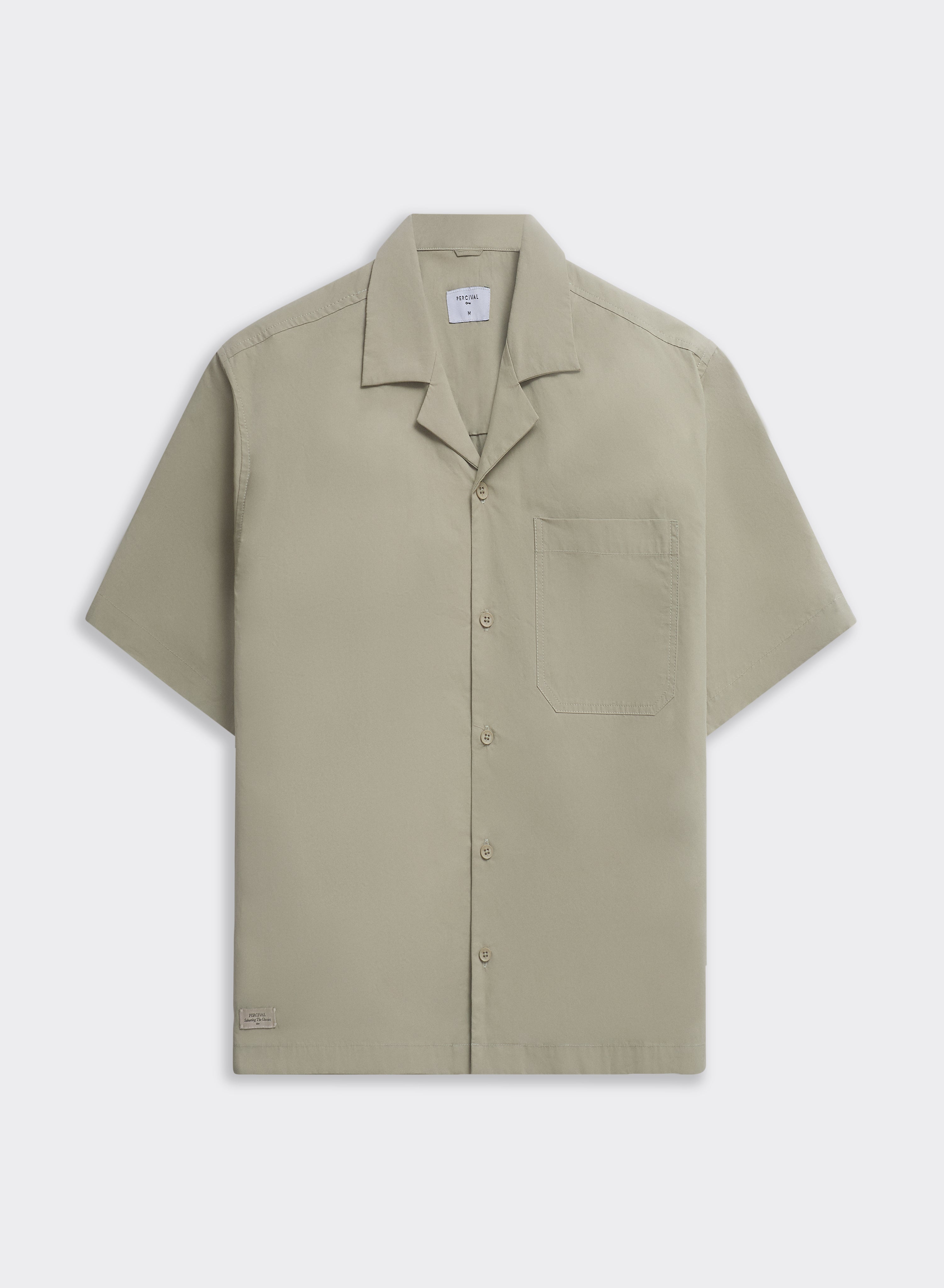 Percival Daniel Boxy Cuban Shirt in pistachio green, a 100% cotton short-sleeve shirt with a revere collar shown flat.