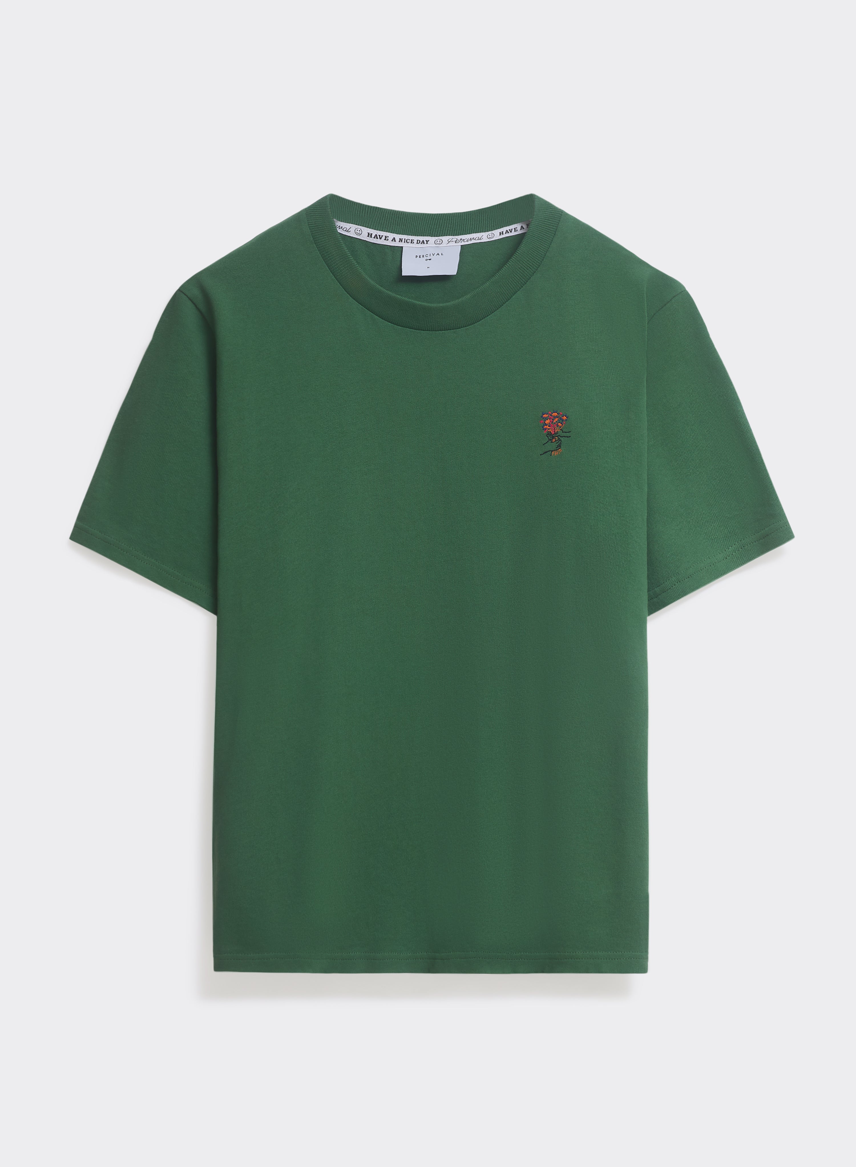 The Percival Davies t-shirt in forest green organic cotton, featuring a small embroidered flower motif on the chest.