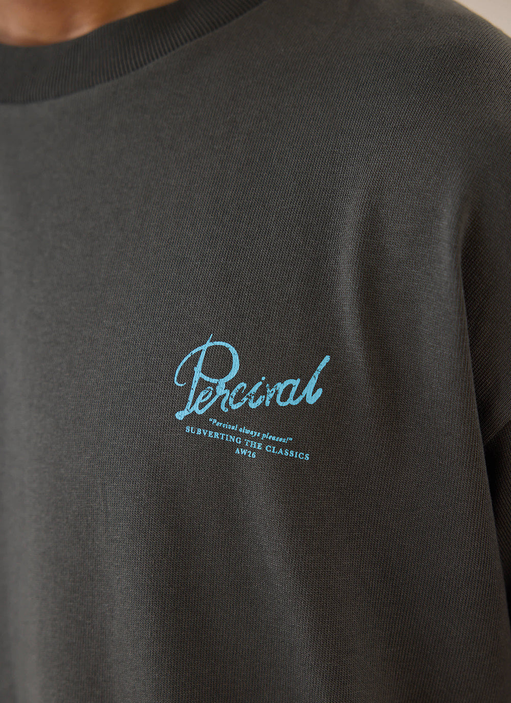 Charcoal Percival organic cotton oversized T-shirt, featuring a blue script chest graphic with subverting the classics text.
