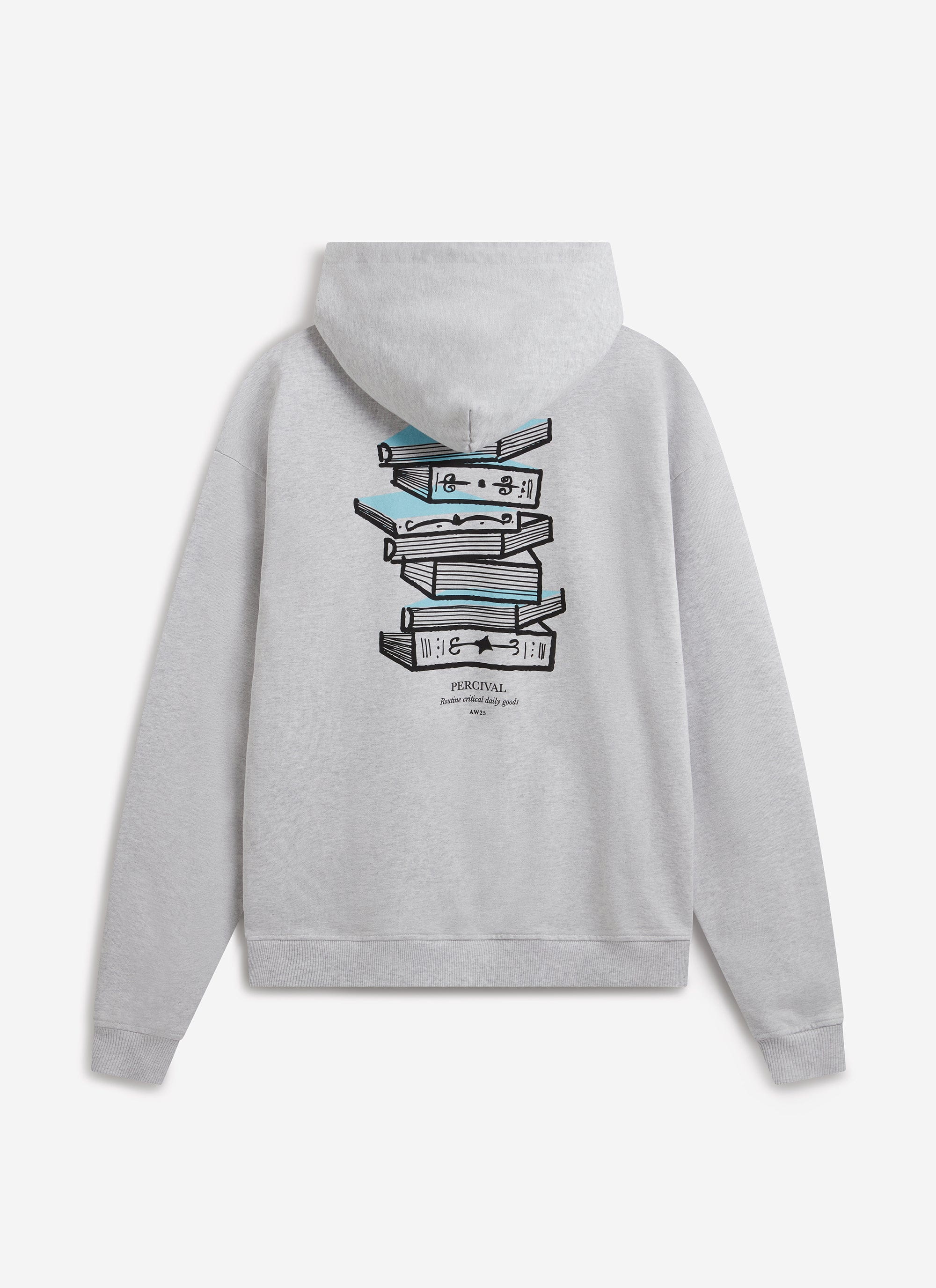 The back of the grey cotton Duke hoodie from Percival, showing the hand-drawn 'Routine Critical Daily Goods' book graphic.