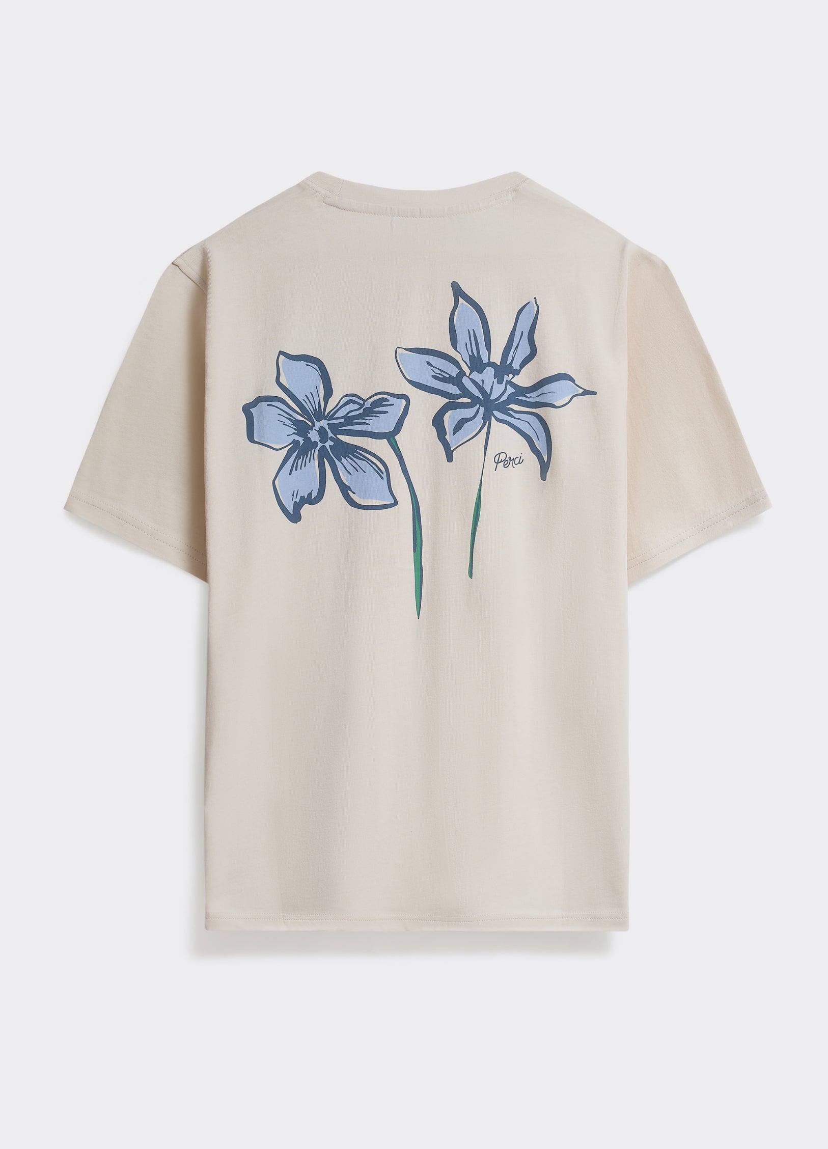 The Percival Flora T-Shirt in off white, a cotton jersey top featuring a large blue botanical back print of two flowers.