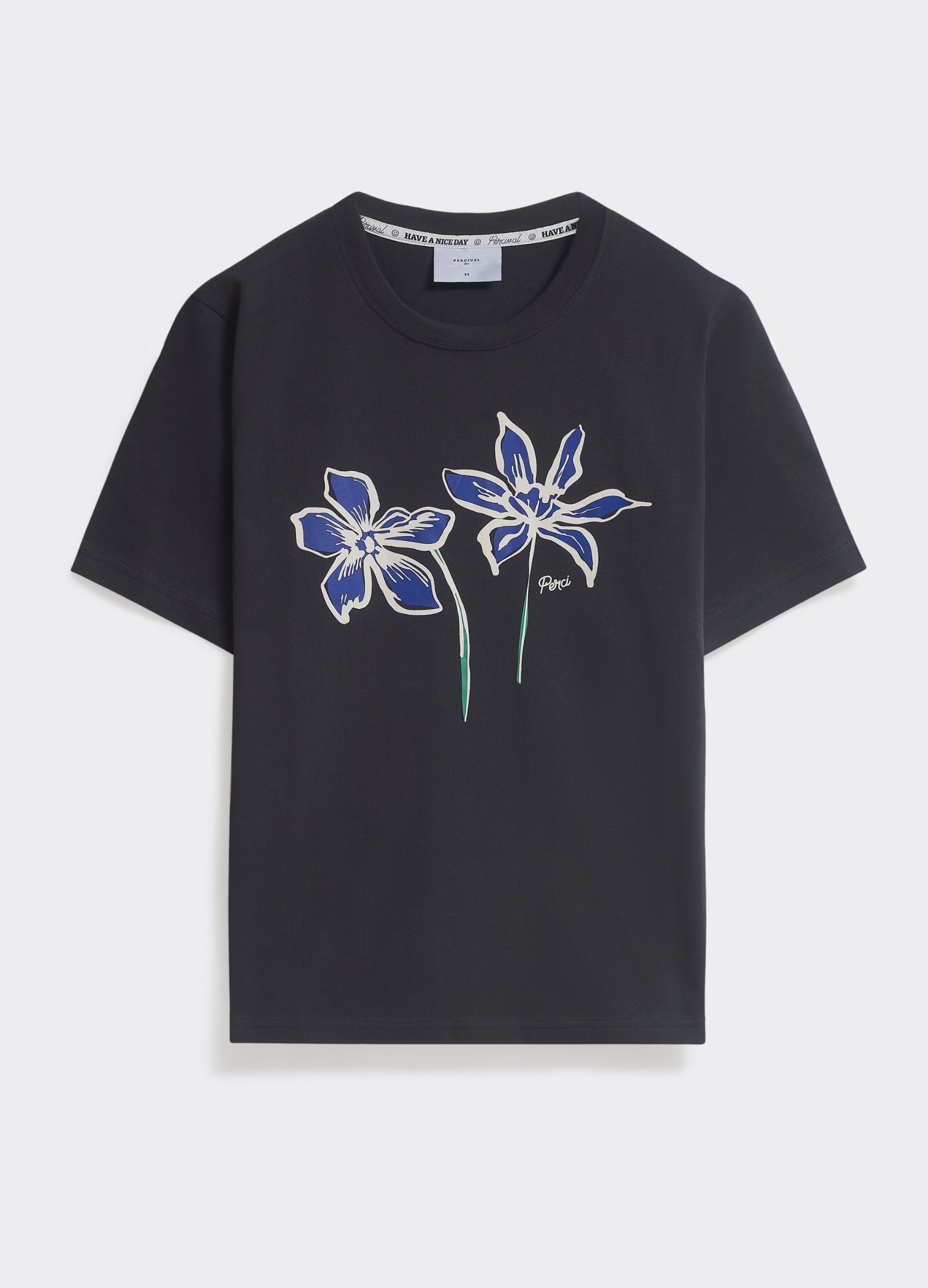 The Percival Flora T-shirt in washed black, a cotton jersey tee with two blue hand-drawn blossoms, shown flat.
