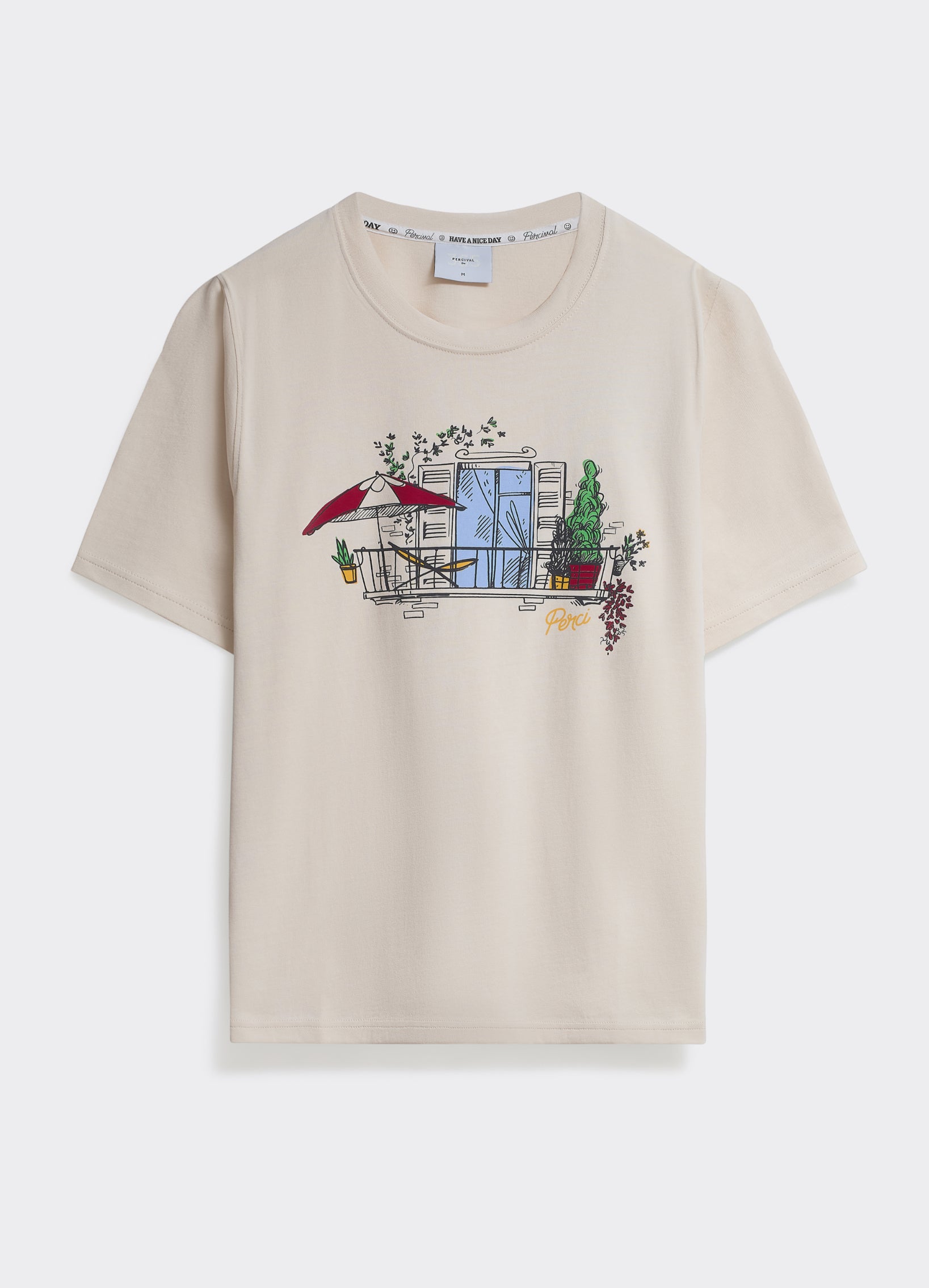 The Percival Garden T-shirt in off white, featuring a colourful balcony graphic on soft cotton jersey.