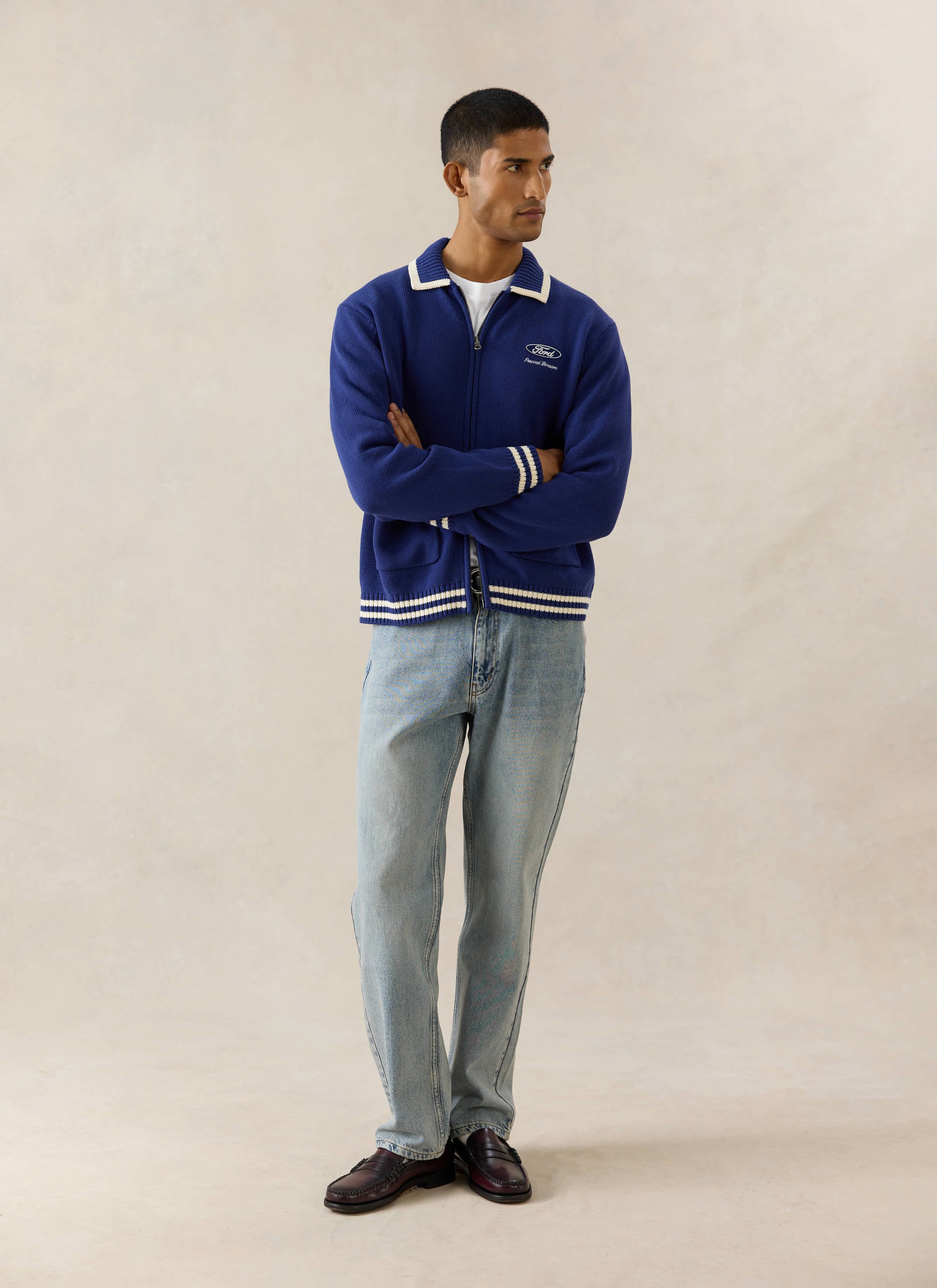 Men's Embroidered Zip Cardigan | Ford x Percival | Blue | Cotton