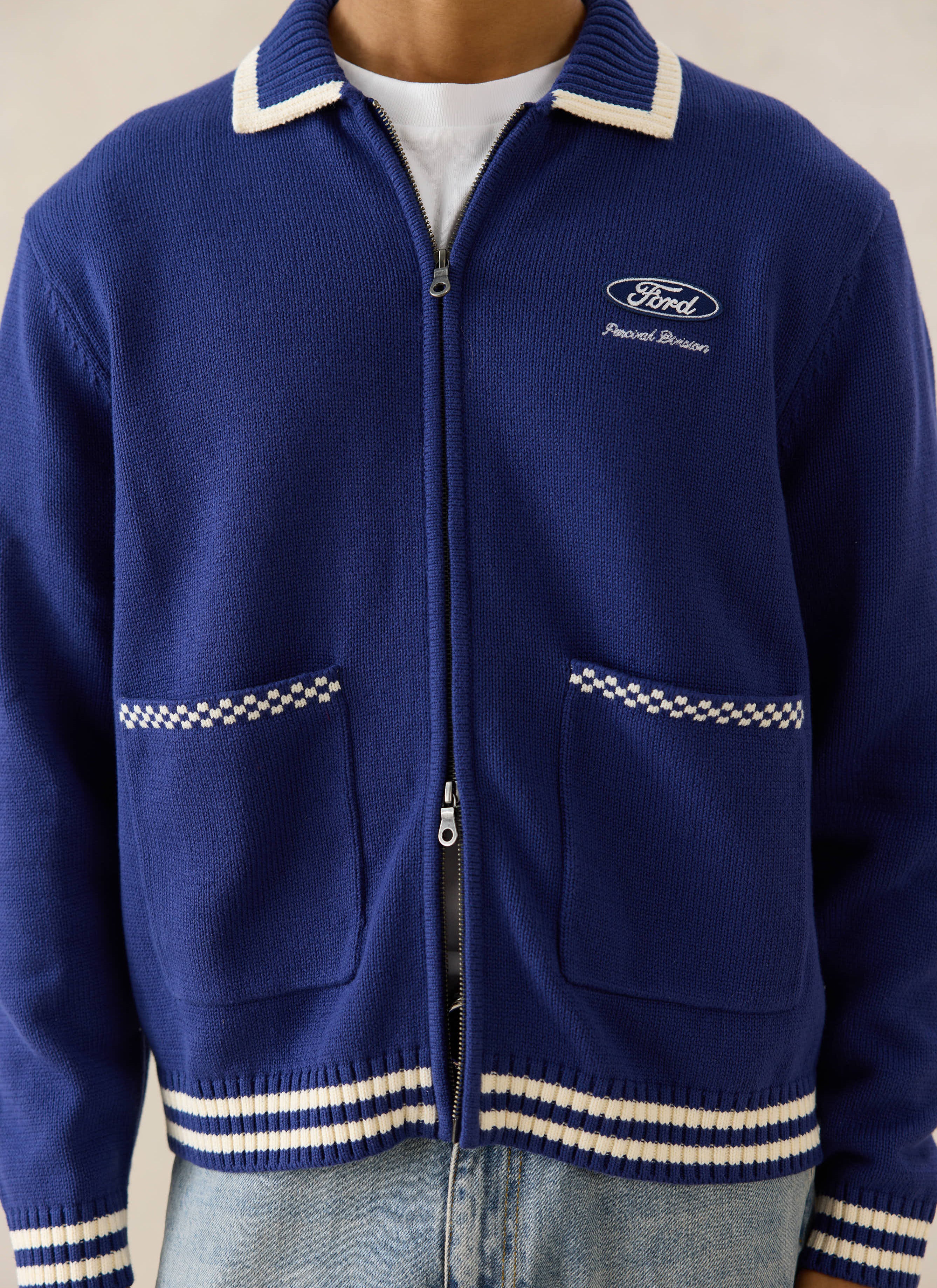 Men's Embroidered Zip Cardigan | Ford x Percival | Blue | Cotton