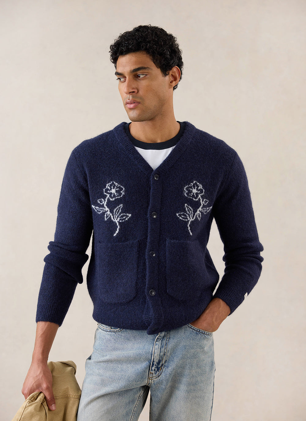 Gibson White Glove Jacquard Cardigan | Navy Mohair Wool | Percival