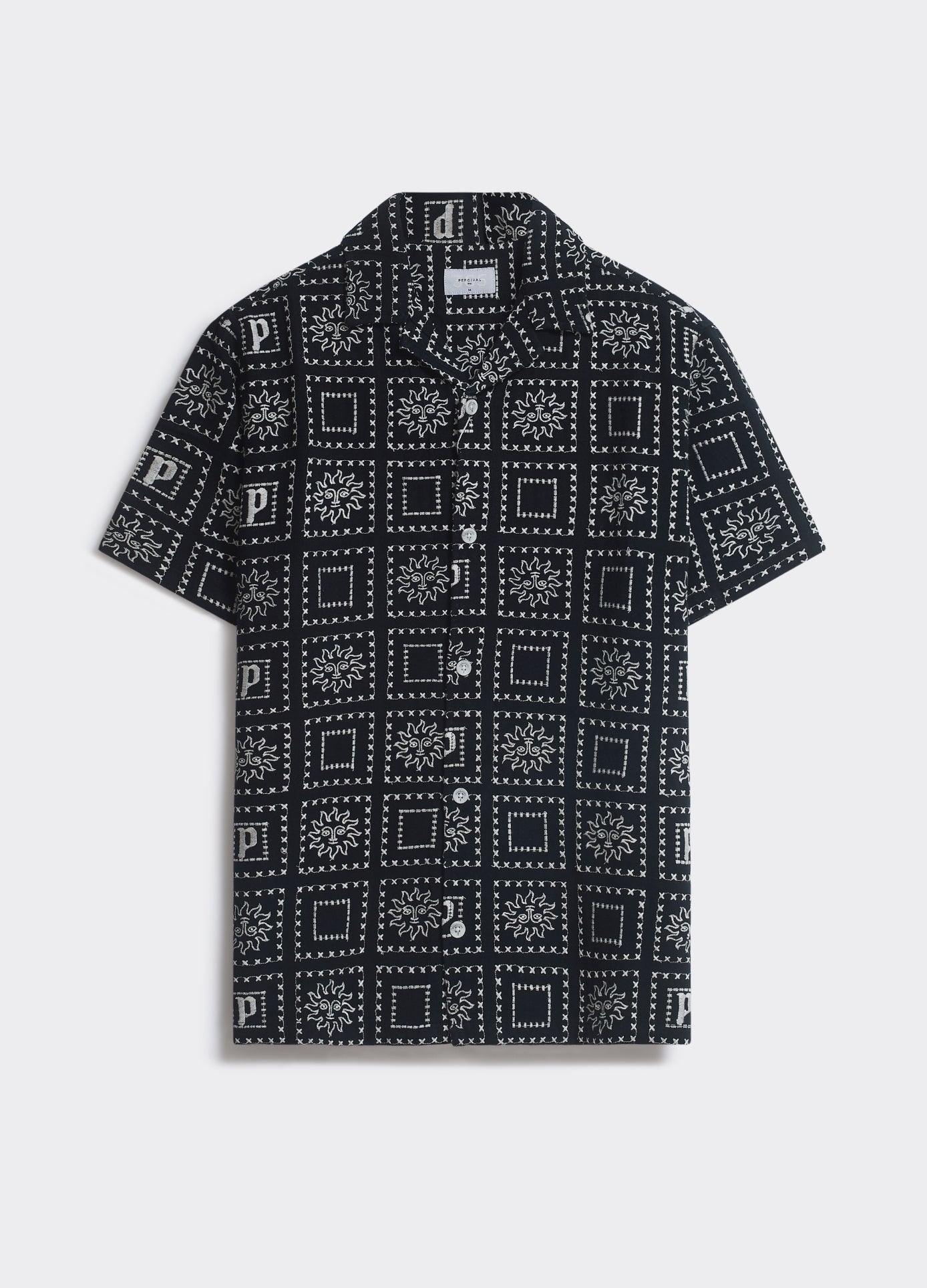 The black Percival Heaton Shirt with an all-over sun motif, featuring a camp collar and short sleeves, shown flat.