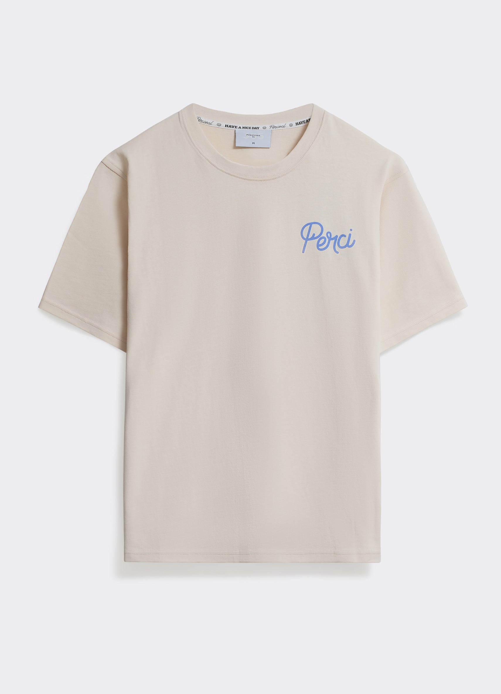 The Percival Hills T-Shirt in off white, a soft jersey crew neck with a blue script logo on the chest, shown flat.