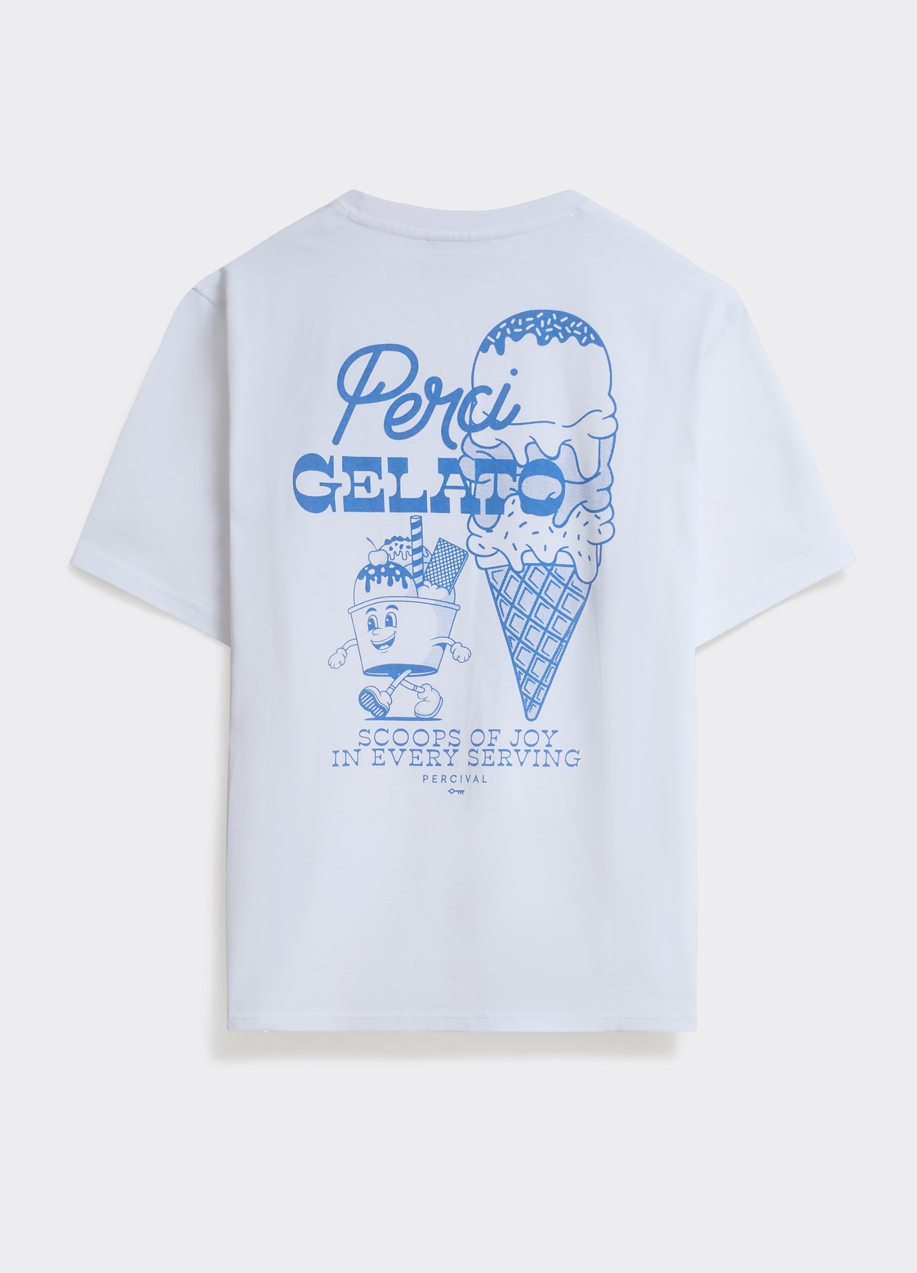 The white Percival Ice Cream T Shirt with a large blue gelato graphic on the back, shown against a plain background.