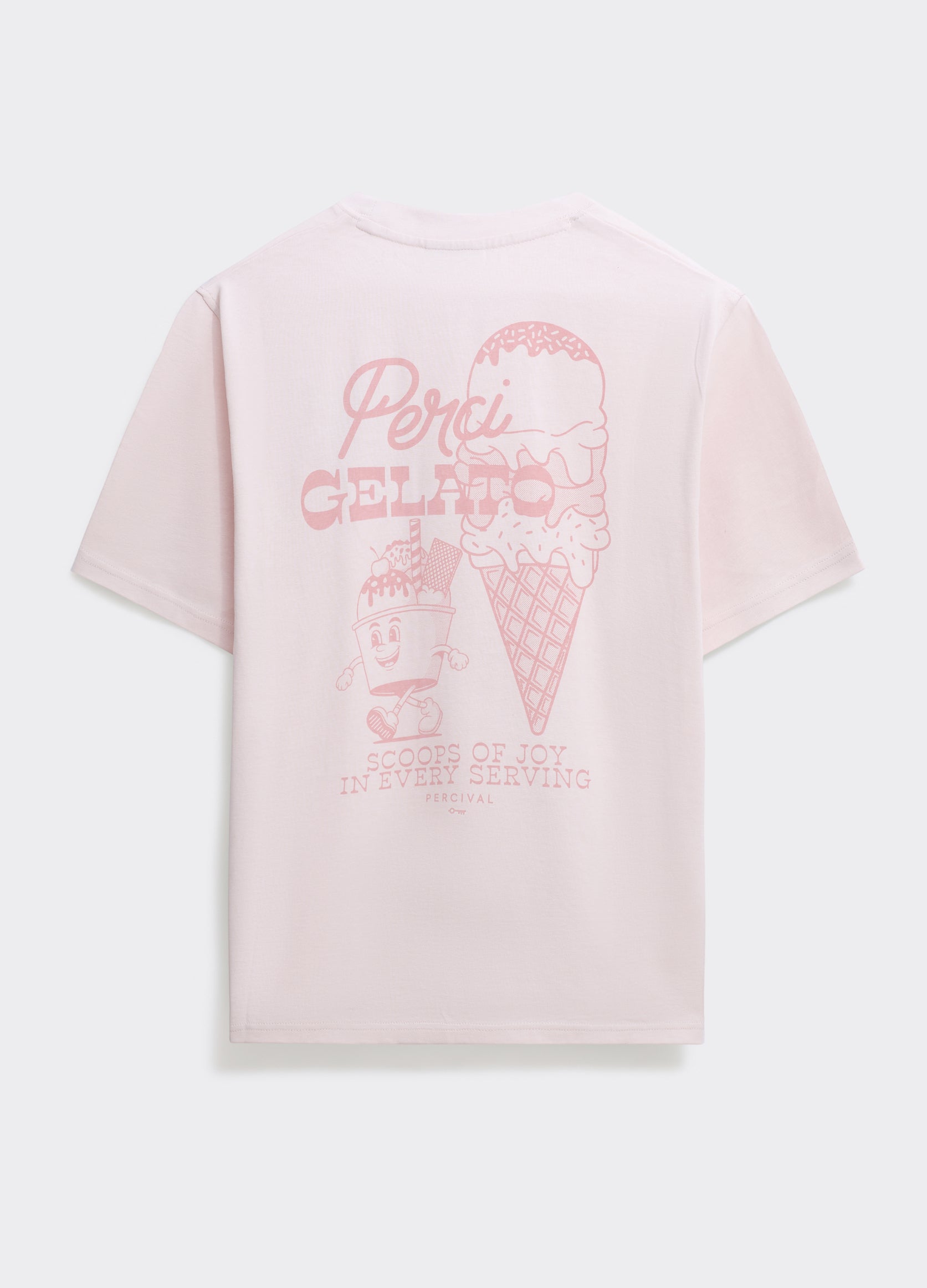 A pink Percival Ice Cream T-shirt in soft jersey, featuring a large Perci Gelato graphic printed on the back.