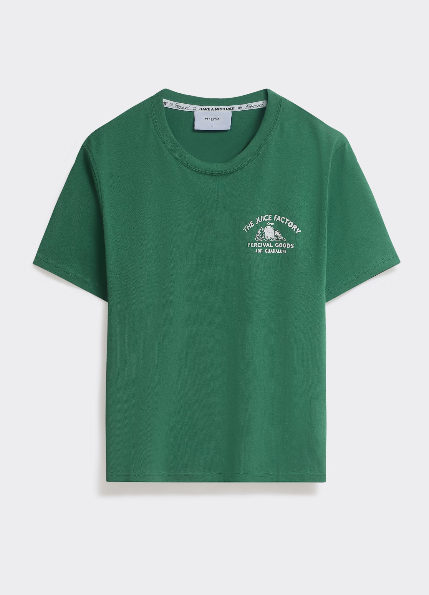 The Percival Juice T Shirt in green, a cotton jersey crew neck with a white chest logo, shown flat on a white background.