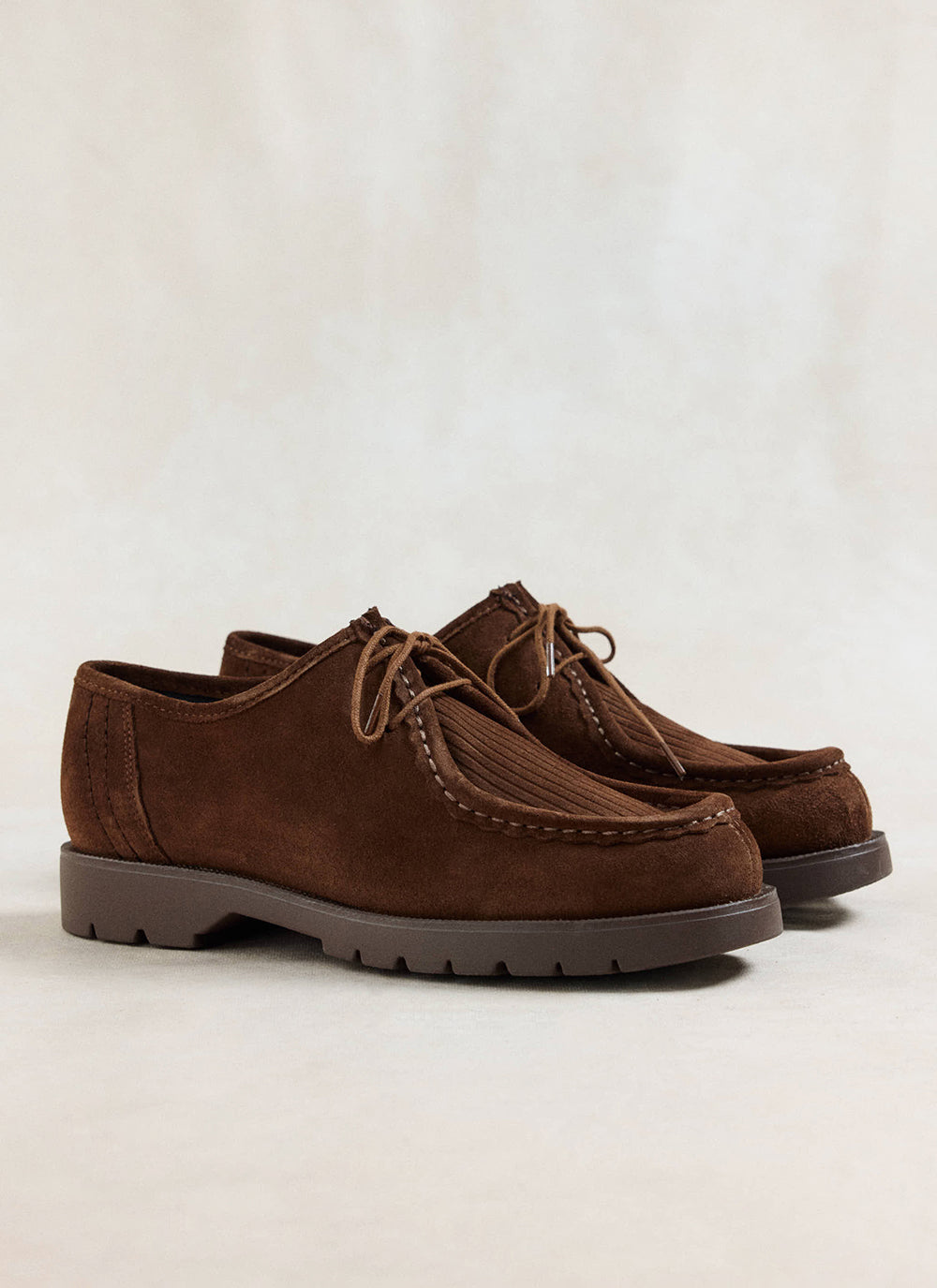 Close-up of the brown Kleman Padrini V Cord shoes showcasing the rich corduroy texture and rubber lug sole.
