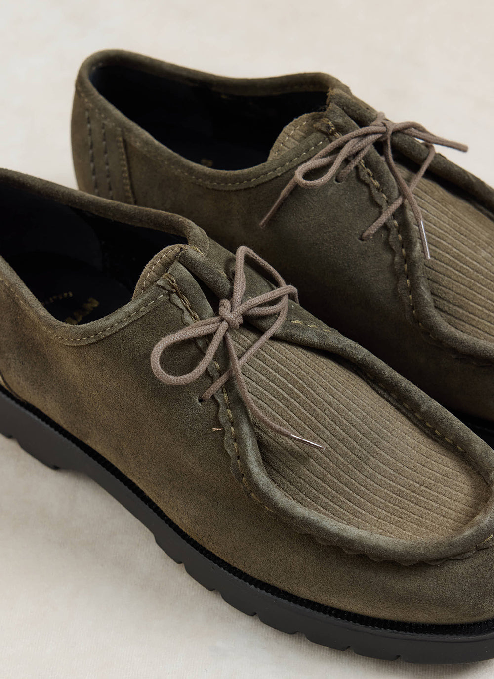 Close-up of the Kleman Padrini V Cord shoes in khaki, featuring suede and corduroy texture with lace-up styling.