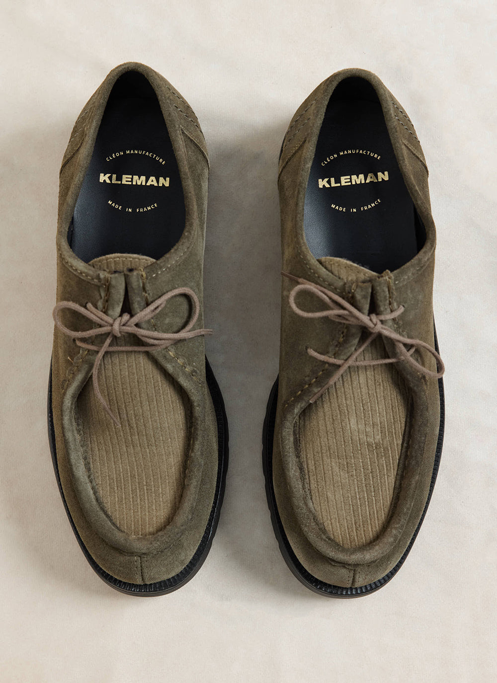 Top-down view of the khaki Kleman Padrini V Cord shoes showcasing their corduroy upper and branded insoles.