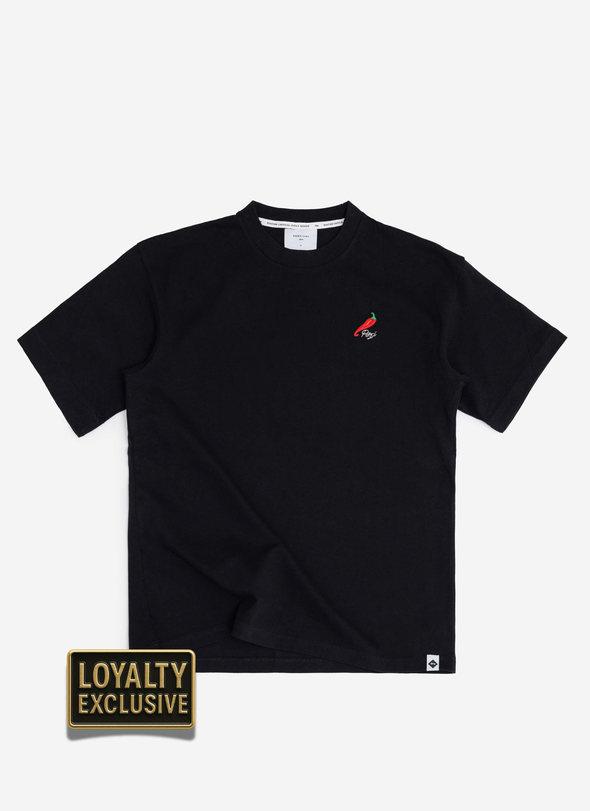A flat lay of the black Percival Loyalty T Shirt, featuring the exclusive red chilli embroidery on the chest.