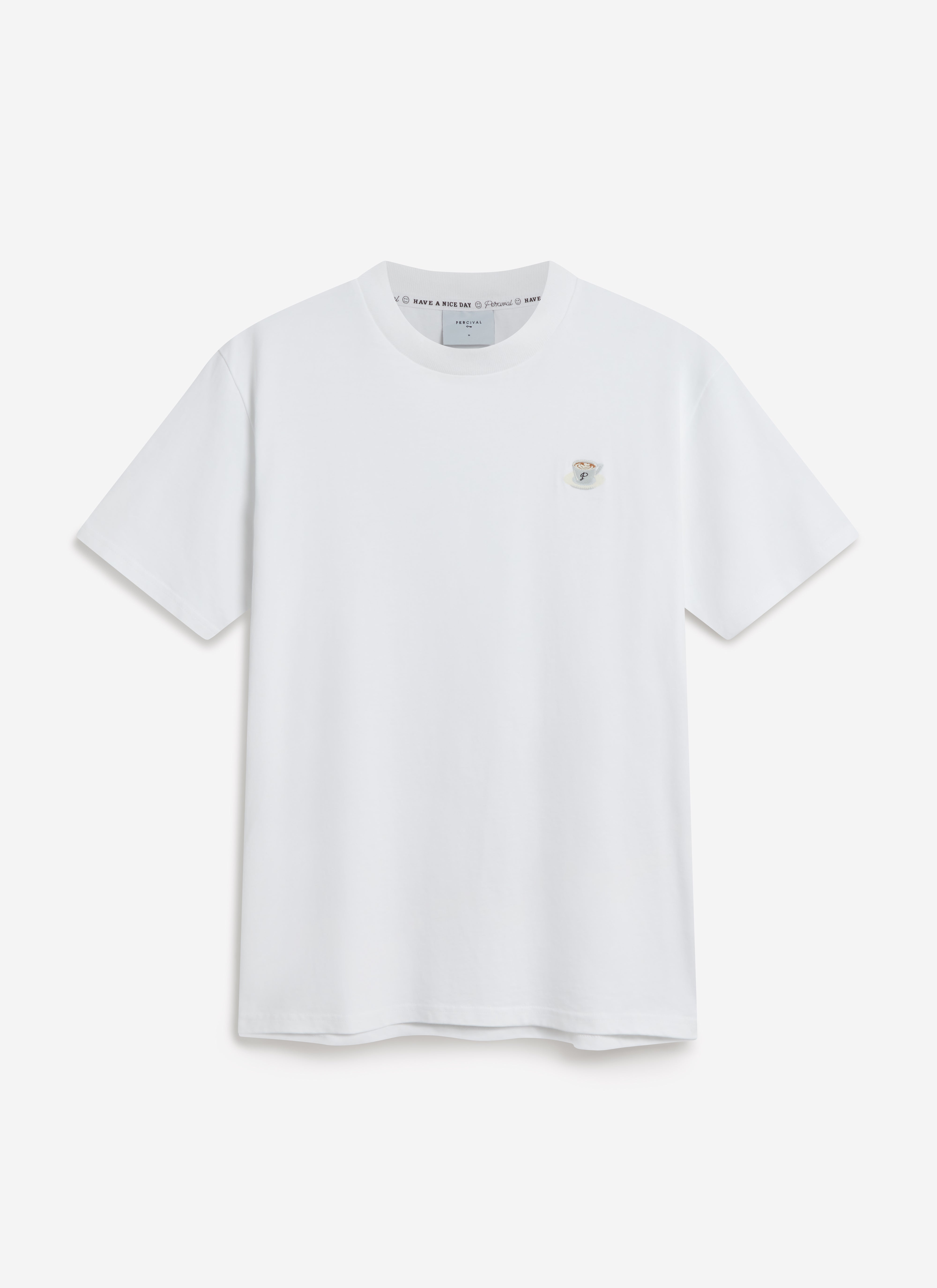 A flat lay of the Percival Flat White Embroidered T-shirt in white, with a small latte cup embroidered on the chest.