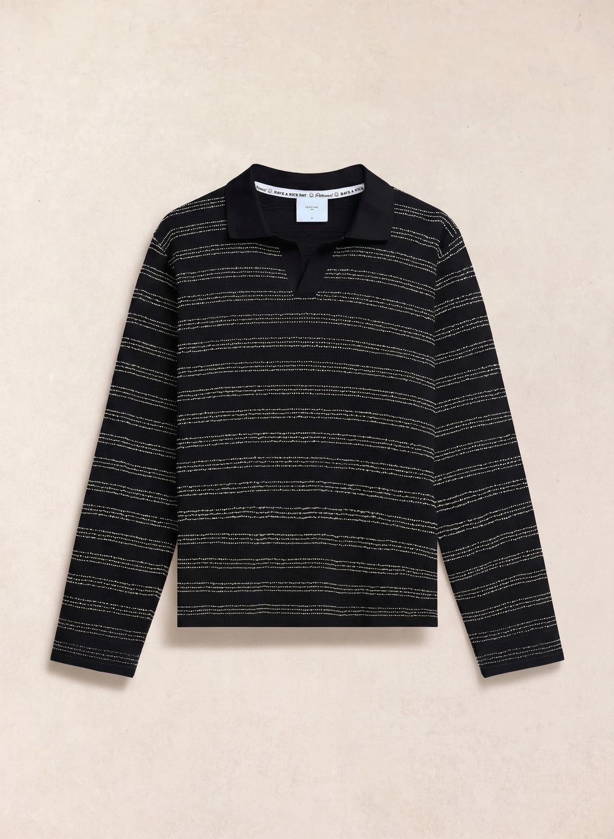 Black Percival Laurent long sleeve polo featuring subtle horizontal stripes, displayed flat against a neutral background.