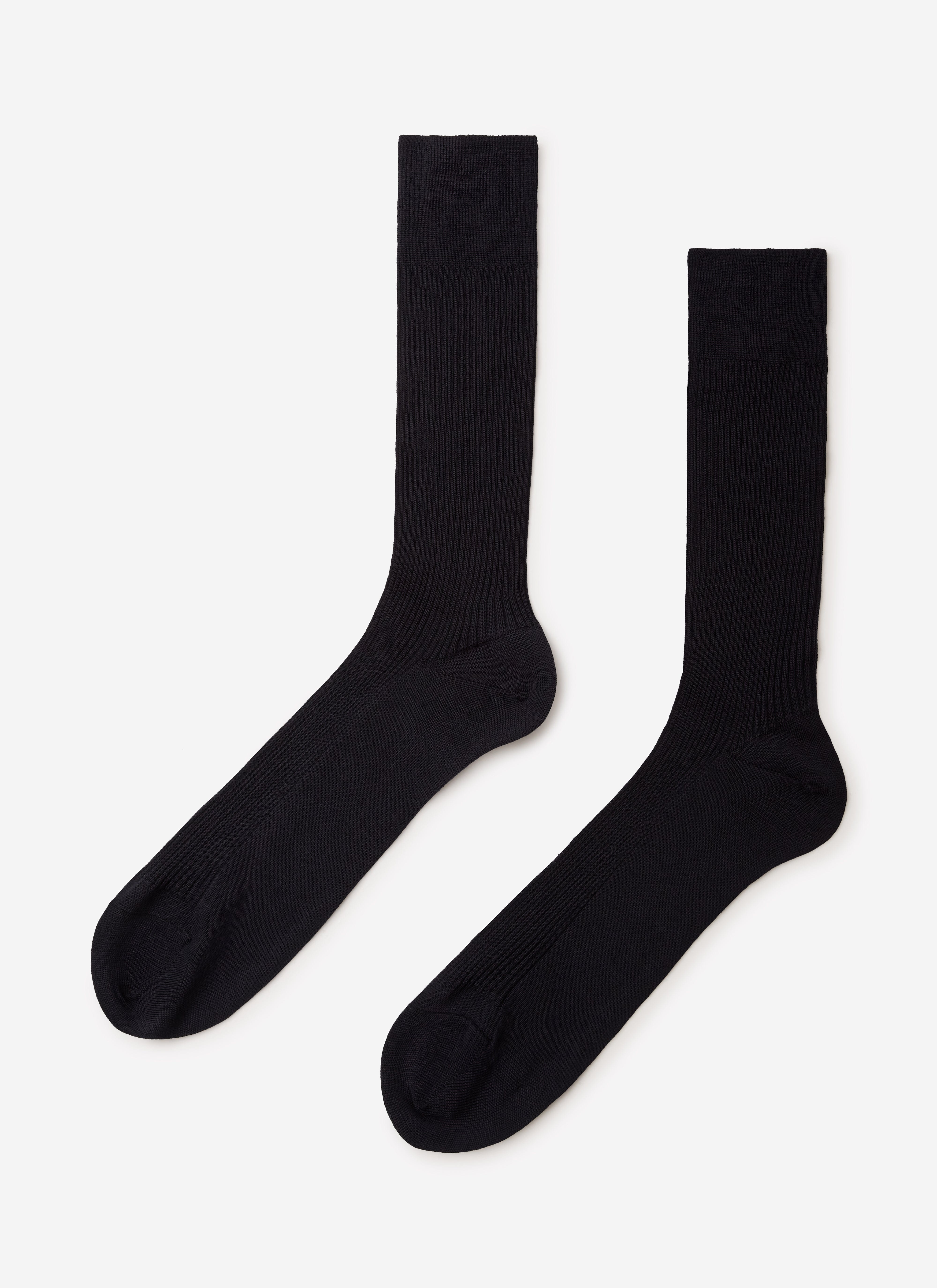 A pair of Percival navy ribbed merino wool socks, laid flat on a clean white background.